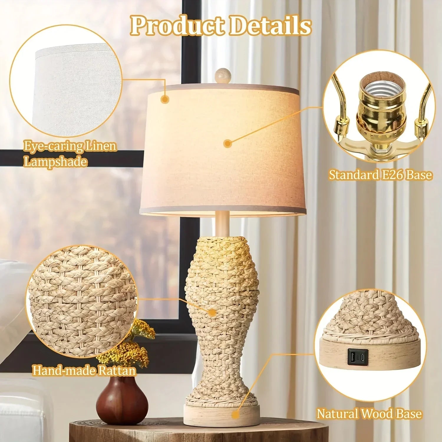 Rattan Table Lamps For Bedroom Set Of 2, 26.5inch Woven Bedside Lamps With USB C+A, Farmhouse Table Lamps For Nightstand, Coastal Seagrass Lamps For Living Room, End Table (E26 Bulbs Included) - House Of Avana