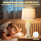 Rattan Table Lamps For Bedroom Set Of 2, 26.5inch Woven Bedside Lamps With USB C+A, Farmhouse Table Lamps For Nightstand, Coastal Seagrass Lamps For Living Room, End Table (E26 Bulbs Included) - House Of Avana