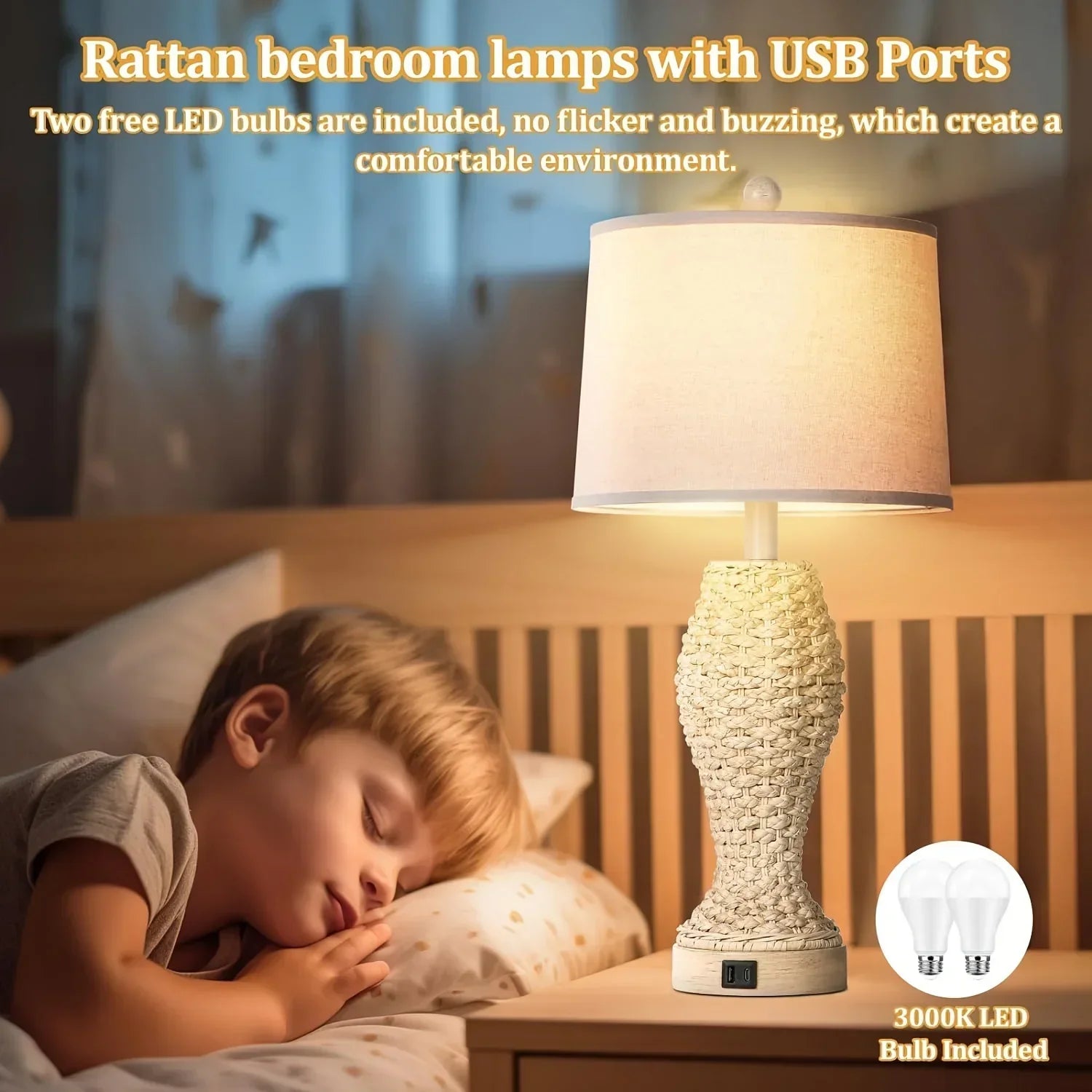 Rattan Table Lamps For Bedroom Set Of 2, 26.5inch Woven Bedside Lamps With USB C+A, Farmhouse Table Lamps For Nightstand, Coastal Seagrass Lamps For Living Room, End Table (E26 Bulbs Included) - House Of Avana