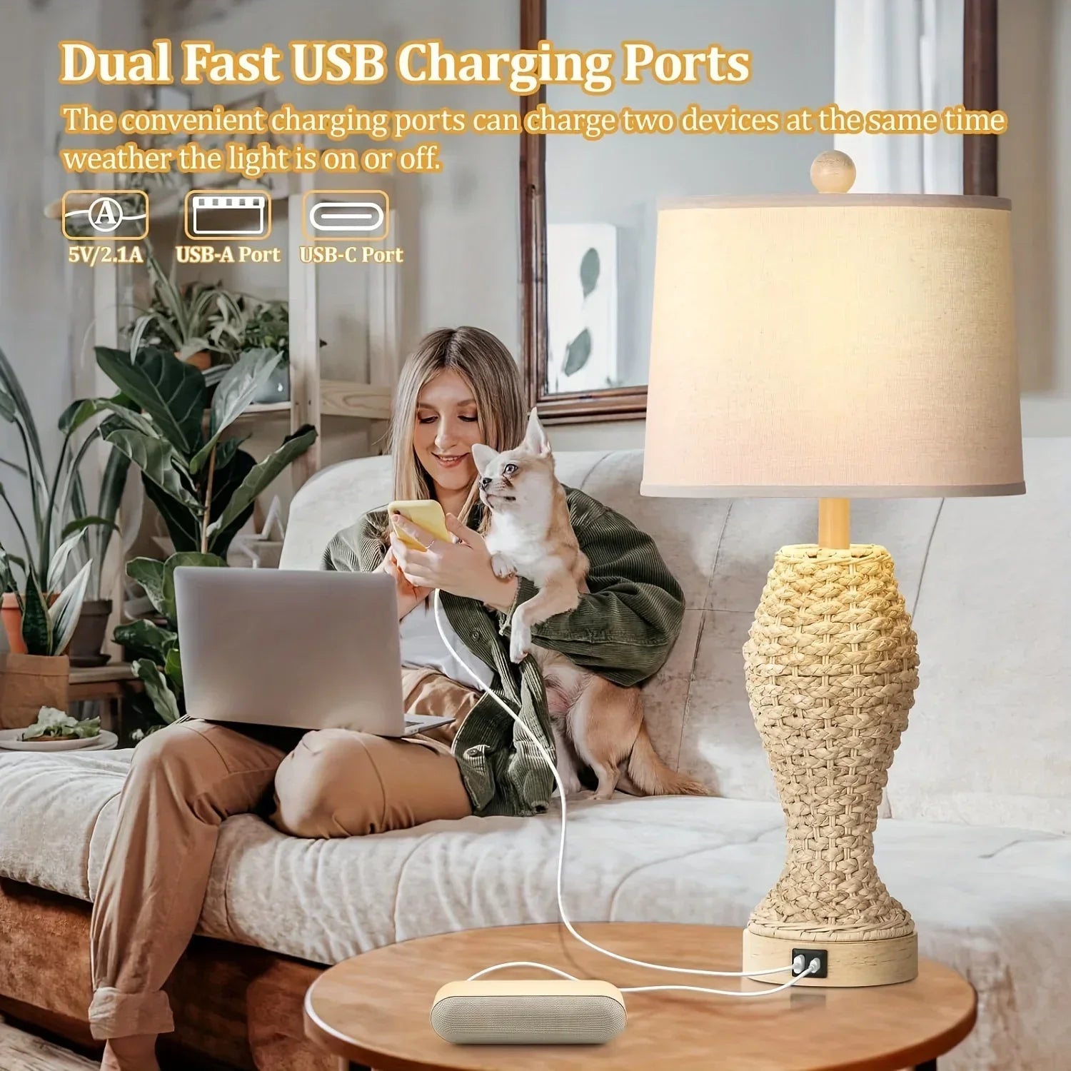Rattan Table Lamps For Bedroom Set Of 2, 26.5inch Woven Bedside Lamps With USB C+A, Farmhouse Table Lamps For Nightstand, Coastal Seagrass Lamps For Living Room, End Table (E26 Bulbs Included) - House Of Avana