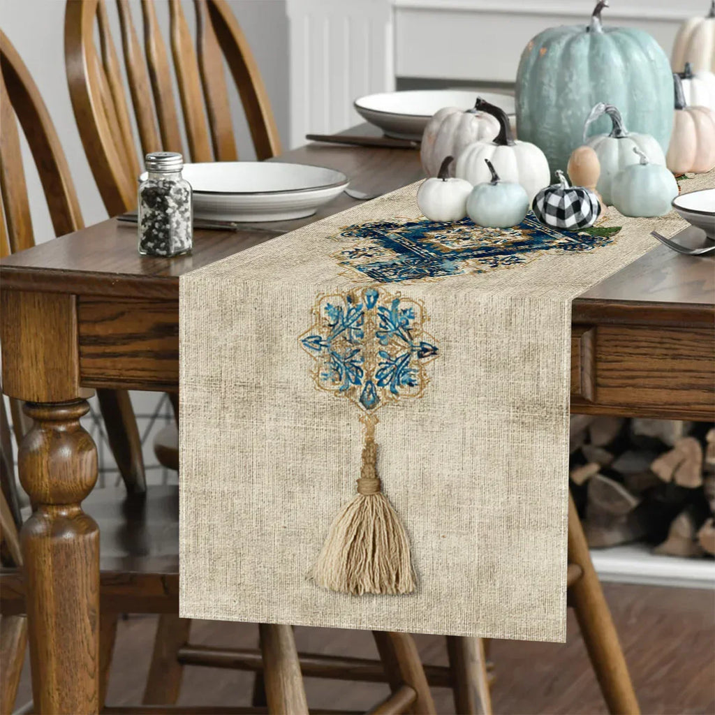 Table Runner - Tassel Printed Blue White