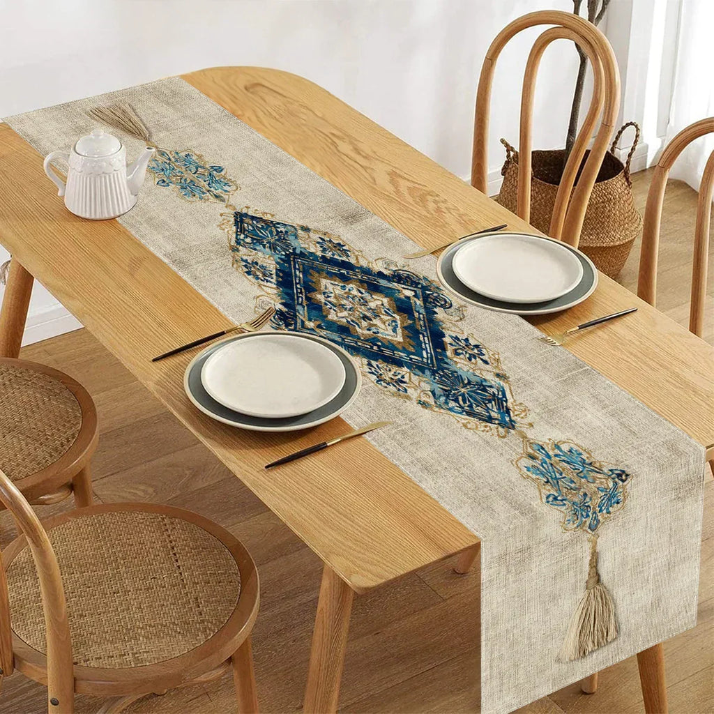 Table Runner - Tassel Printed Blue White
