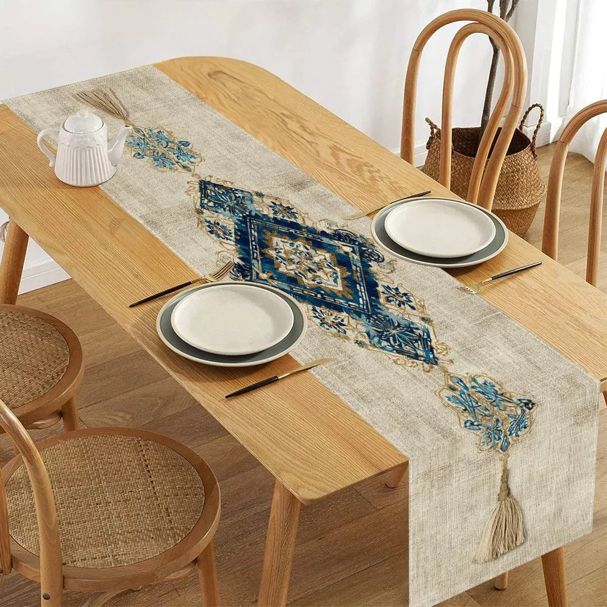 Table Runner - Tassel Printed Blue White