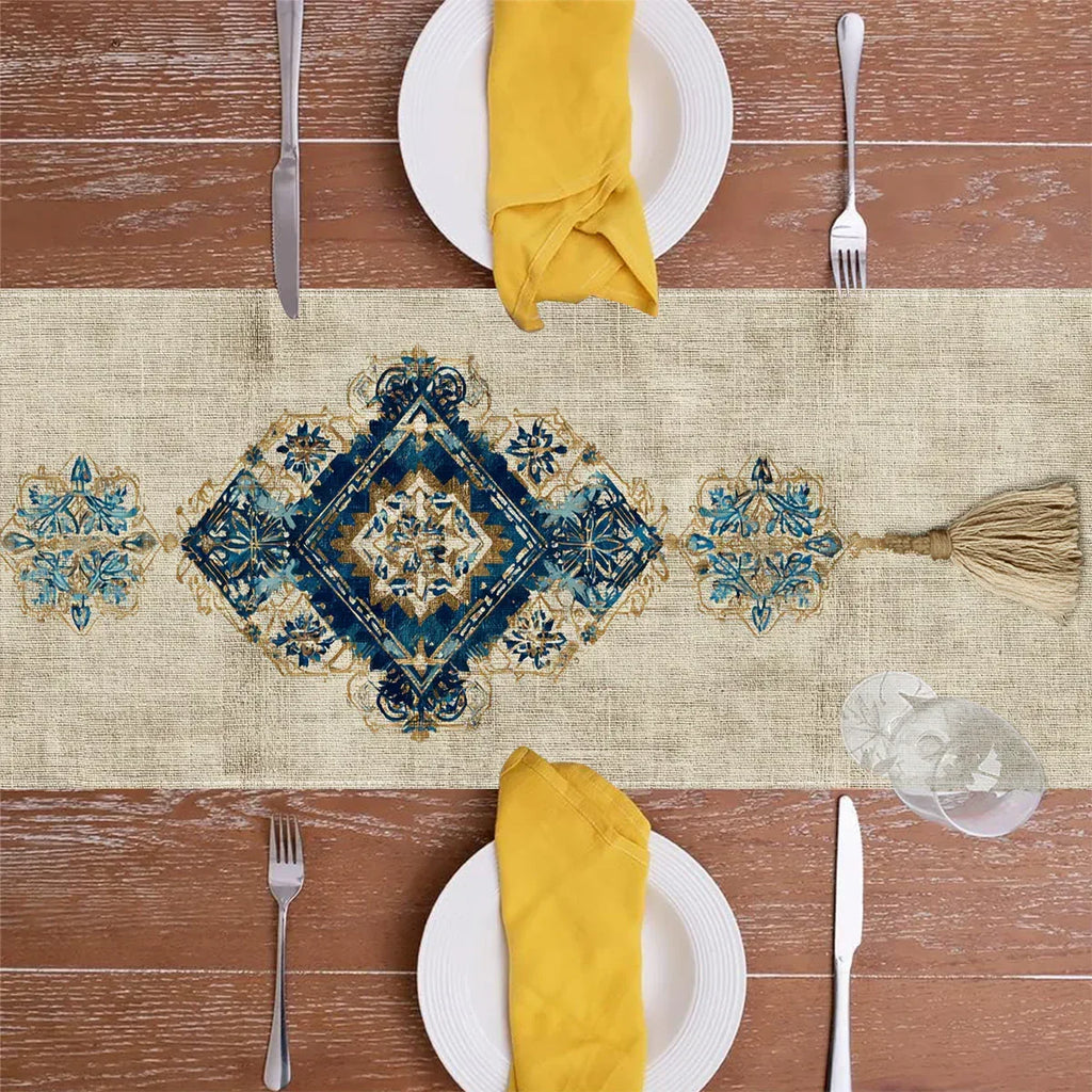 Table Runner - Tassel Printed Blue White