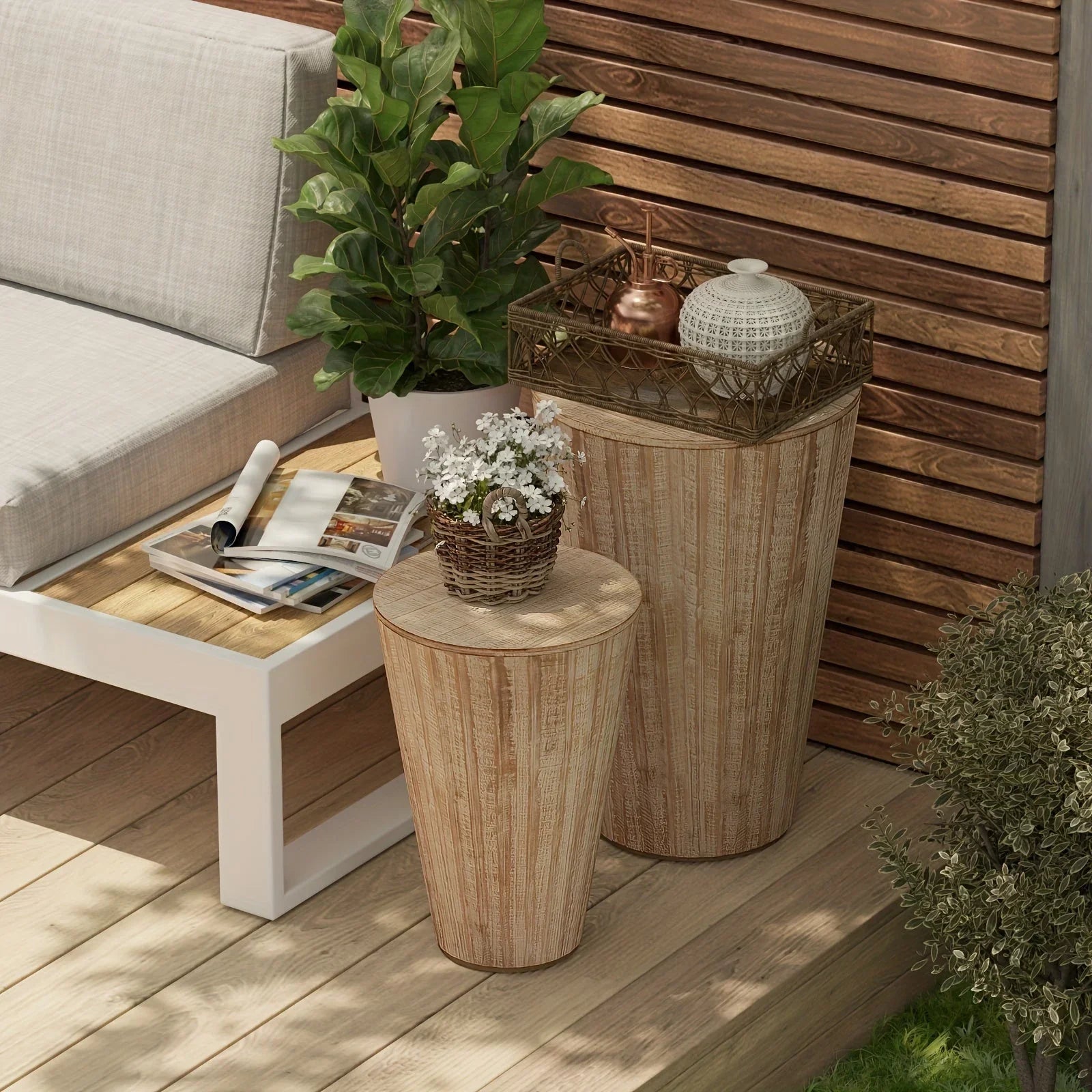 Farmhouse Nesting Barrel Side Table, Rustic Space Saving Storage End Table Set, Natural Distressed Finish - House Of Avana