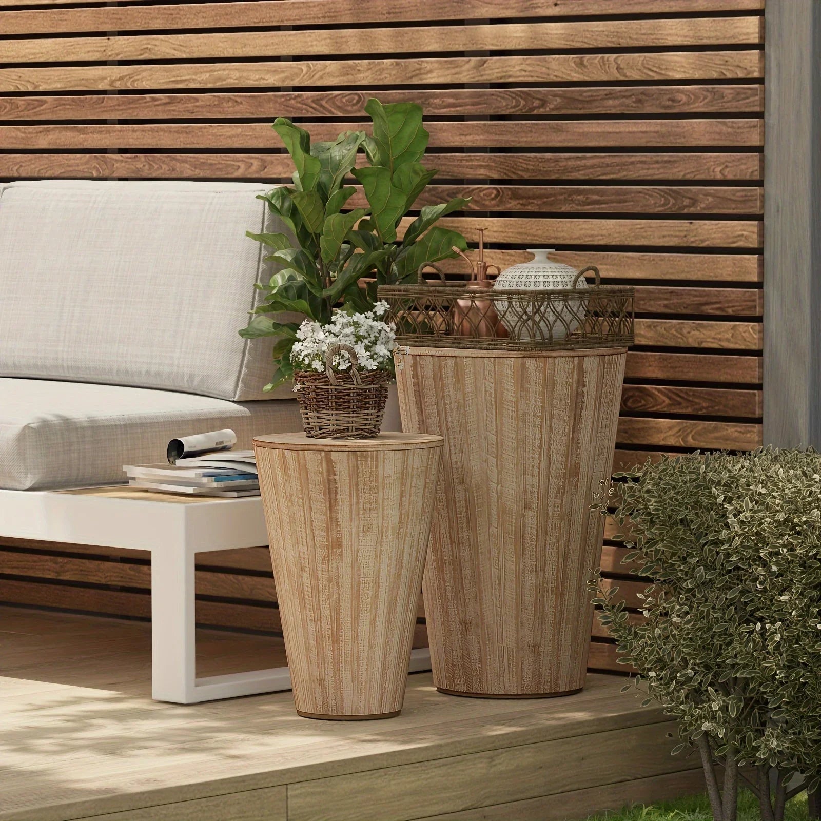 Farmhouse Nesting Barrel Side Table, Rustic Space Saving Storage End Table Set, Natural Distressed Finish - House Of Avana