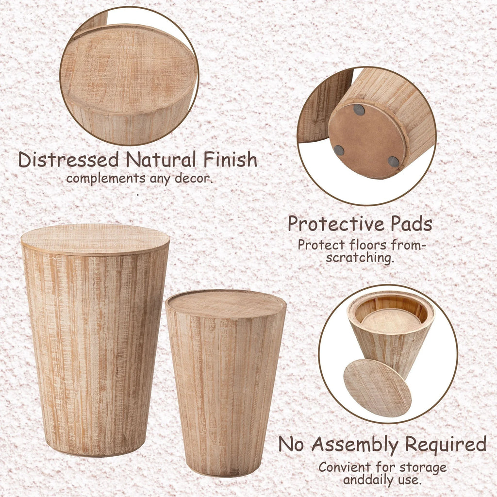 Farmhouse Nesting Barrel Side Table, Rustic Space Saving Storage End Table Set, Natural Distressed Finish - House Of Avana