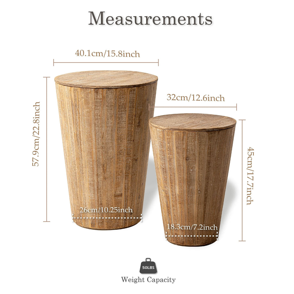 Farmhouse Nesting Barrel Side Table, Rustic Space Saving Storage End Table Set, Natural Distressed Finish - House Of Avana