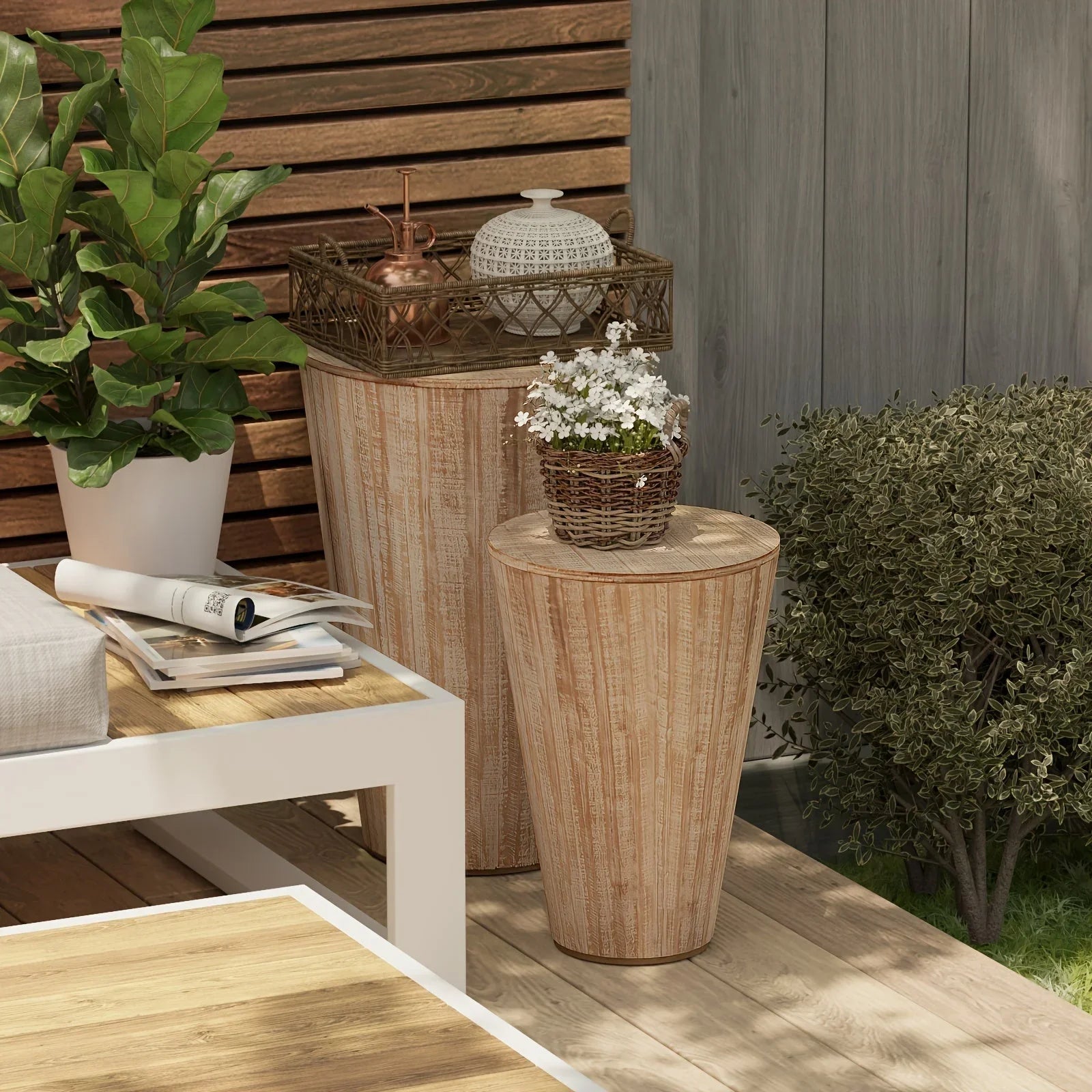 Farmhouse Nesting Barrel Side Table, Rustic Space Saving Storage End Table Set, Natural Distressed Finish - House Of Avana