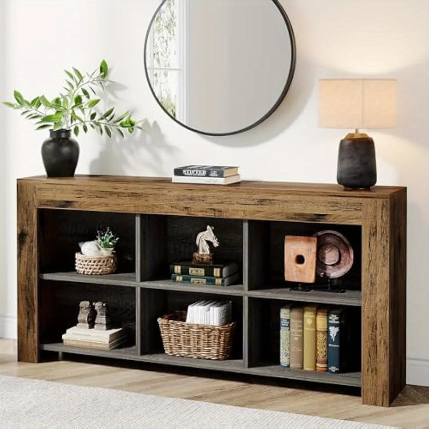 63-inch Long Rustic Wood Console Table with Storage Cubes – Modern Narrow Sofa Table for Living Room,... - House Of Avana