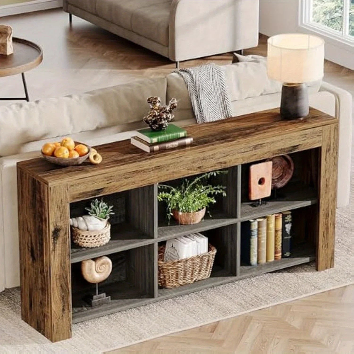 63-inch Long Rustic Wood Console Table with Storage Cubes – Modern Narrow Sofa Table for Living Room,... - House Of Avana