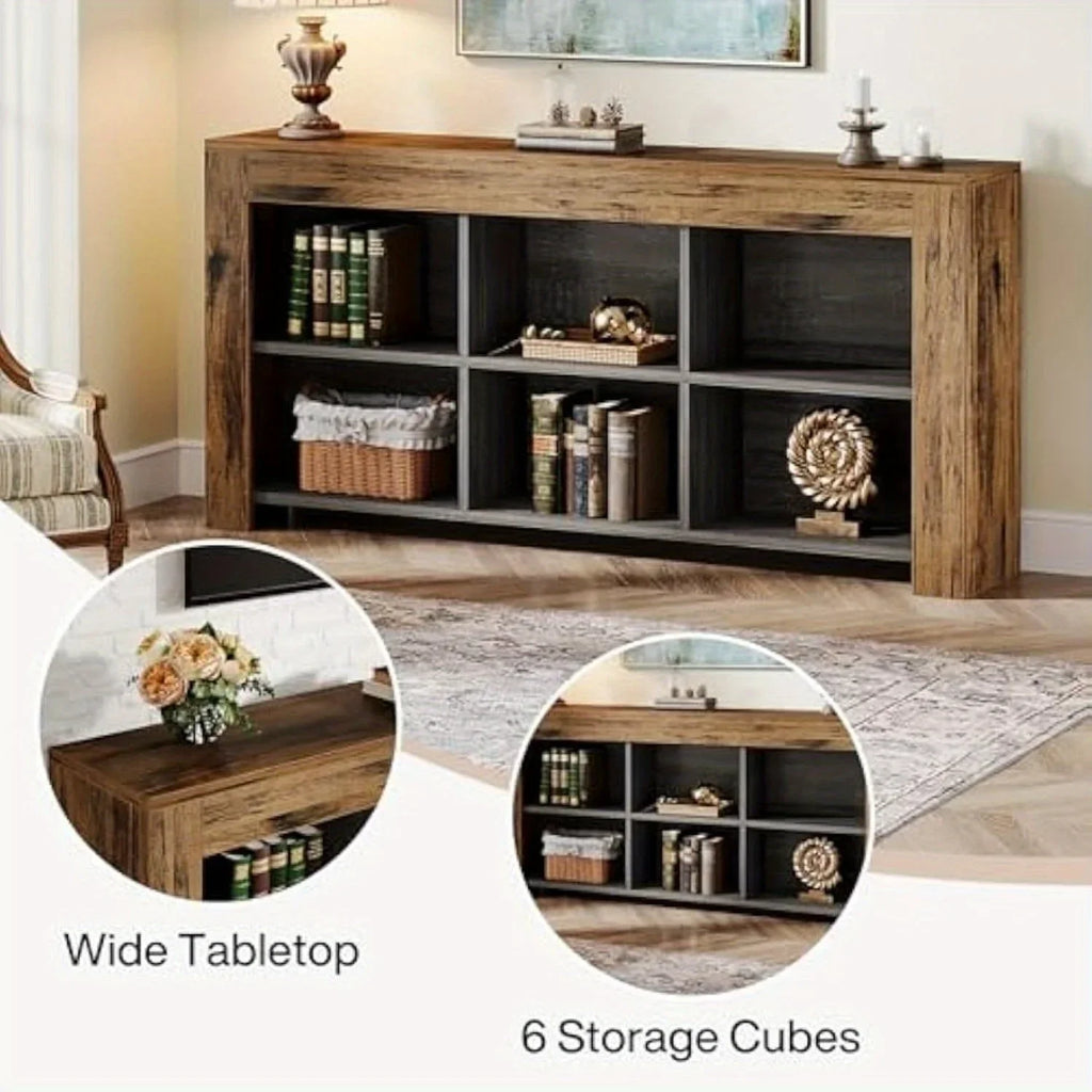 63-inch Long Rustic Wood Console Table with Storage Cubes – Modern Narrow Sofa Table for Living Room,... - House Of Avana