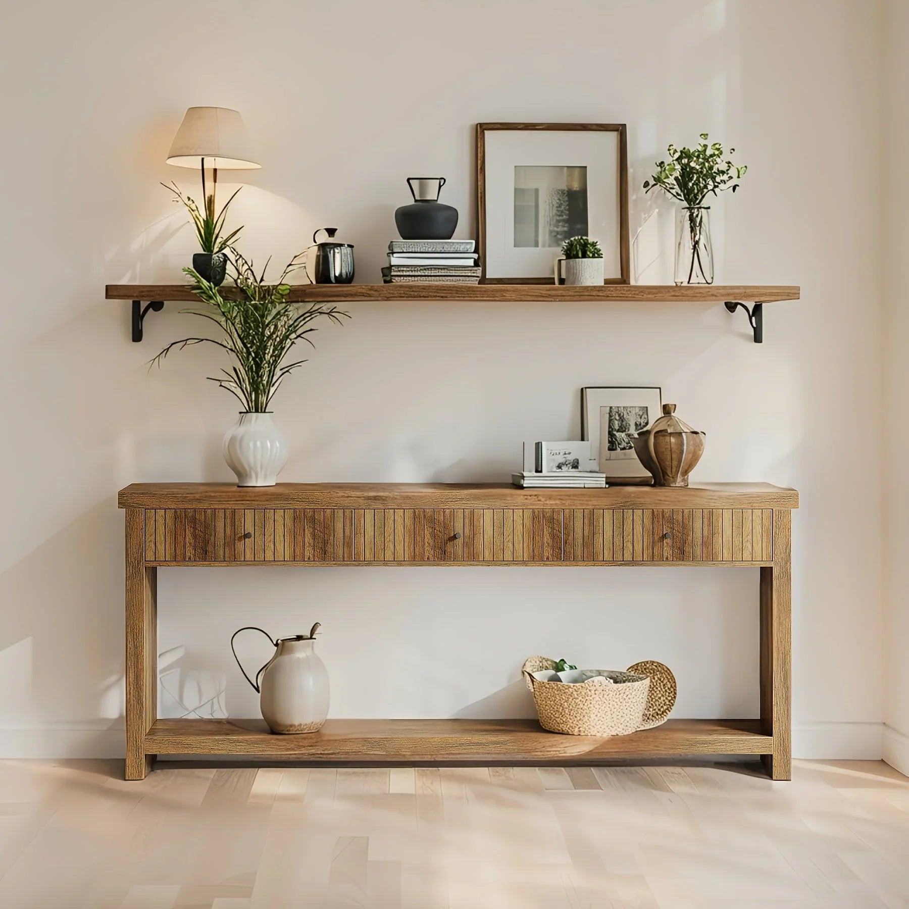 70.9" Console Table, Long Wooden Sofa Table with Drawers Multi-layer Storage Space - House Of Avana