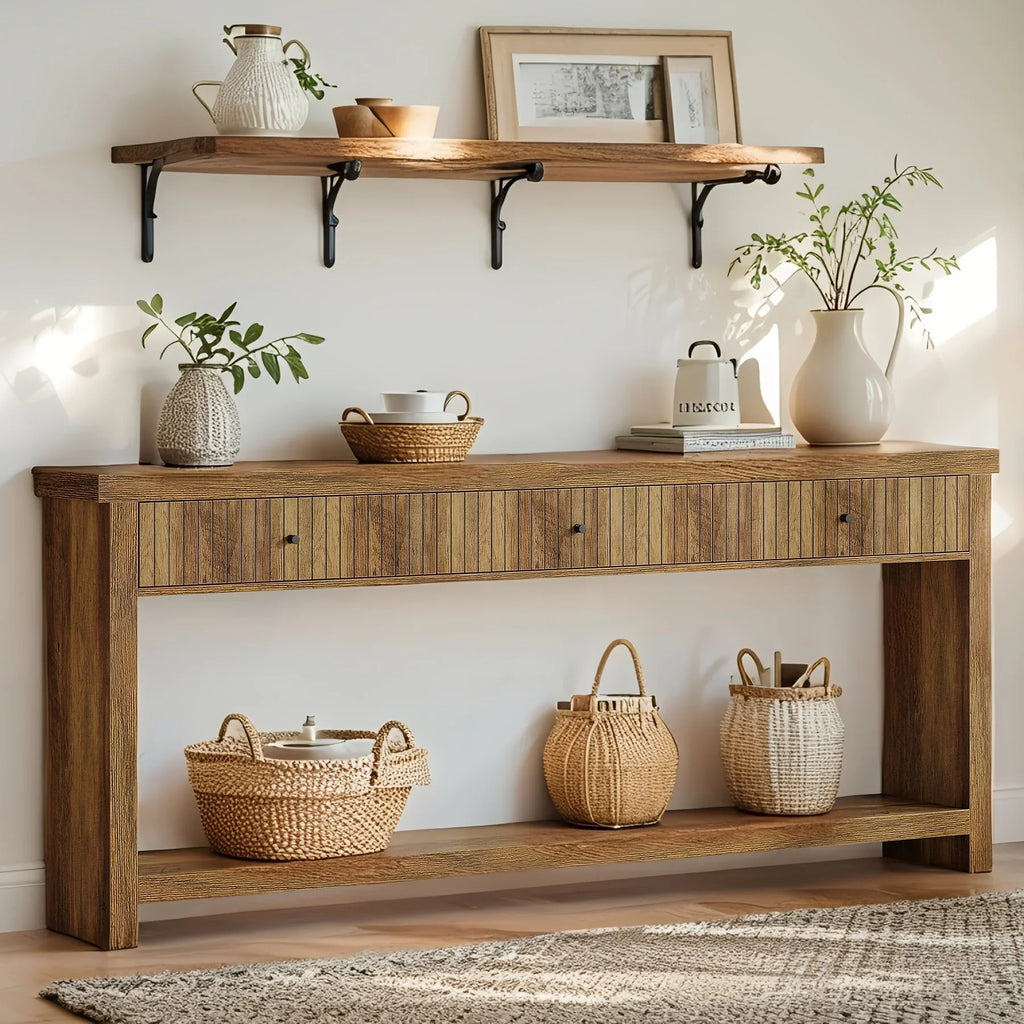 70.9" Console Table, Long Wooden Sofa Table with Drawers Multi-layer Storage Space - House Of Avana