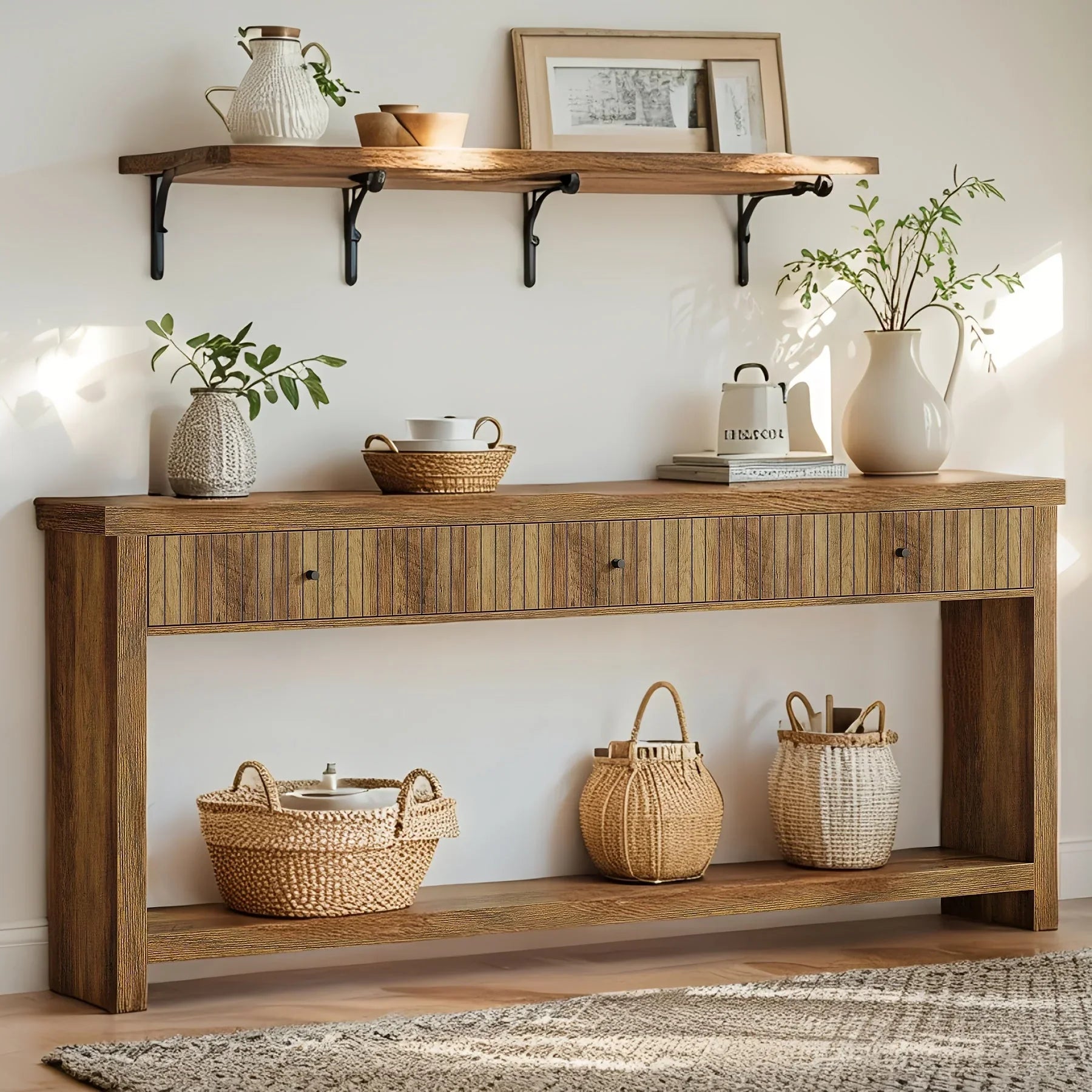 70.9" Console Table, Long Wooden Sofa Table with Drawers Multi-layer Storage Space - House Of Avana