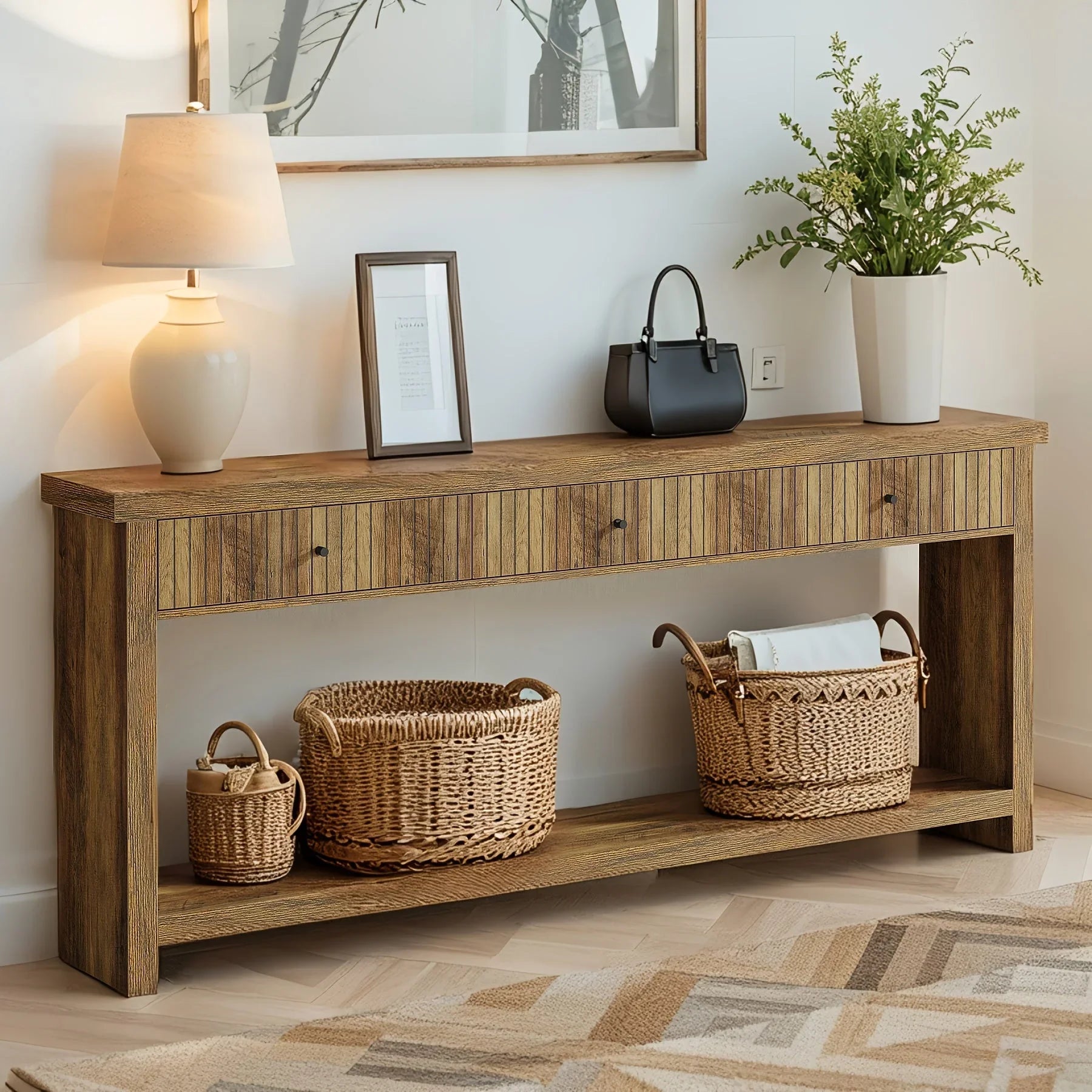 70.9" Console Table, Long Wooden Sofa Table with Drawers Multi-layer Storage Space - House Of Avana