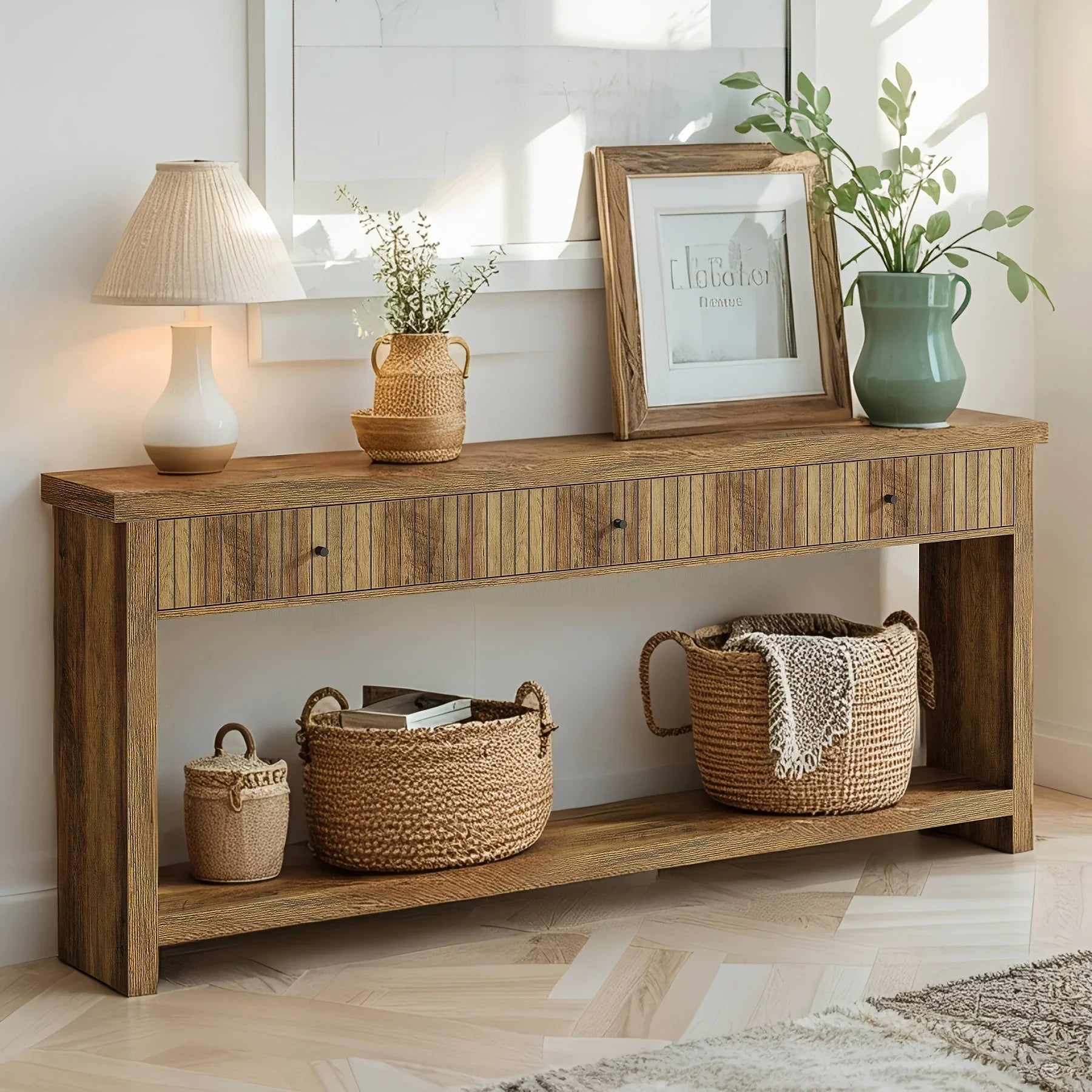 70.9" Console Table, Long Wooden Sofa Table with Drawers Multi-layer Storage Space - House Of Avana