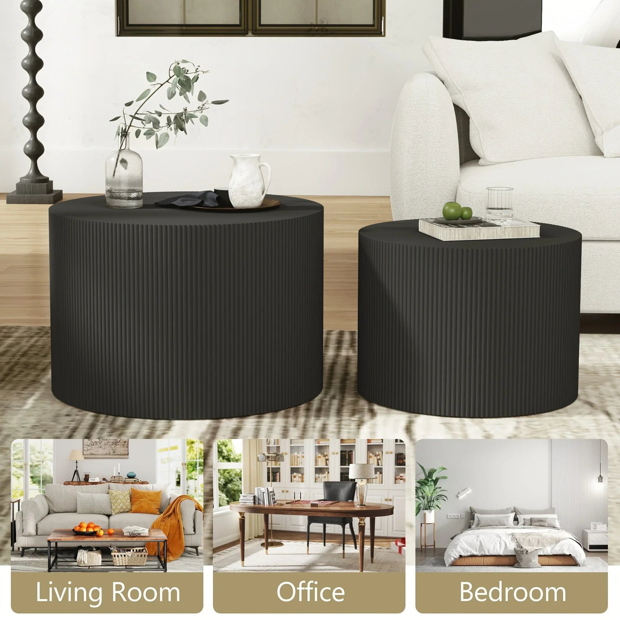 23.6" Vertical Grain Round Wooden Coffee Tables, Modern Nesting Coffee Table Set of 2, Indoor Side Table... - House Of Avana