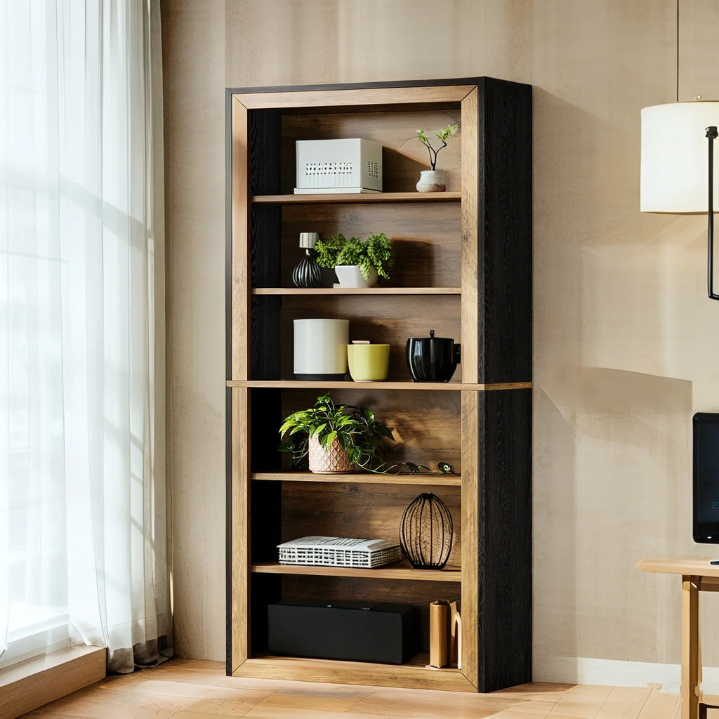 7-Tier Rustic Wood Bookshelf - 74.4" Tall Vintage Open Shelf Display Rack, Slim Space-Saving Design with Mixed Brown & Black Tones, Multi-Purpose Storage for Living Room, Home Office, Bedroom - Easy Assembly, Durable MDF & Re House Of Avana