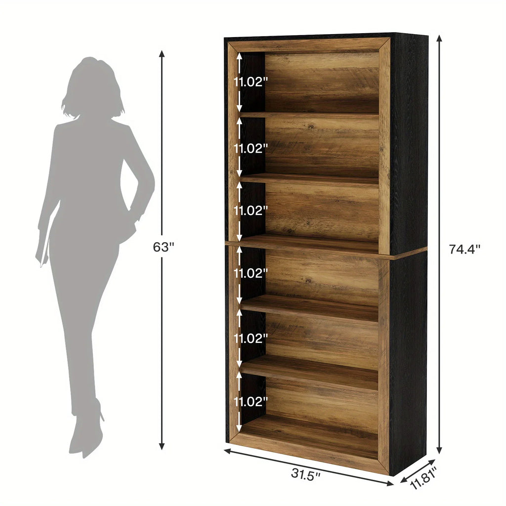 7-Tier Rustic Wood Bookshelf - 74.4" Tall Vintage Open Shelf Display Rack, Slim Space-Saving Design with Mixed Brown & Black Tones, Multi-Purpose Storage for Living Room, Home Office, Bedroom - Easy Assembly, Durable MDF & Re House Of Avana