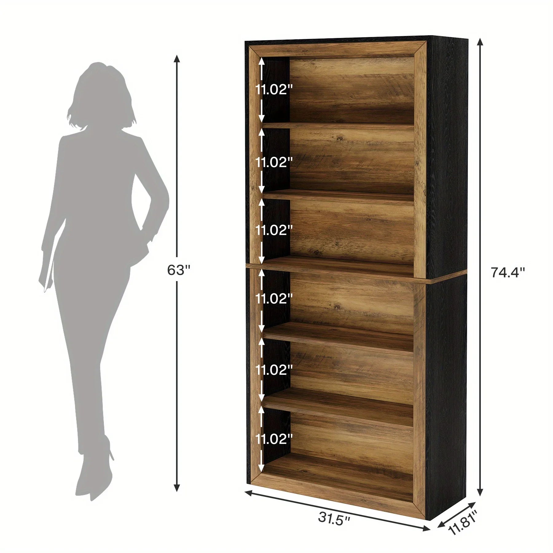 7-Tier Rustic Wood Bookshelf - 74.4" Tall Vintage Open Shelf Display Rack, Slim Space-Saving Design with Mixed Brown & Black Tones, Multi-Purpose Storage for Living Room, Home Office, Bedroom - Easy Assembly, Durable MDF & Re House Of Avana