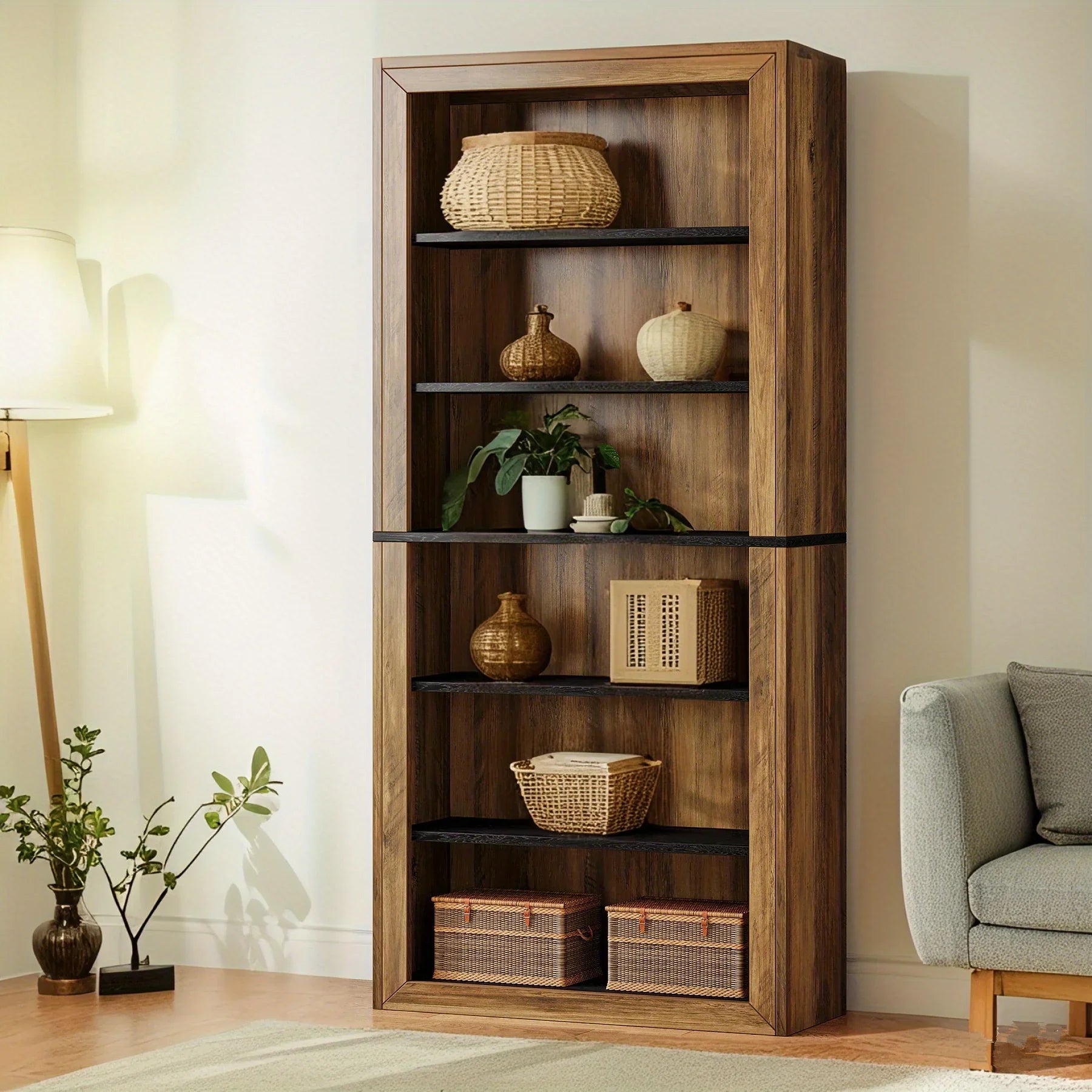 7-Tier Rustic Wood Bookshelf - 74.4" Tall Vintage Open Shelf Display Rack, Slim Space-Saving Design with Mixed Brown & Black Tones, Multi-Purpose Storage for Living Room, Home Office, Bedroom - Easy Assembly, Durable MDF & Re House Of Avana