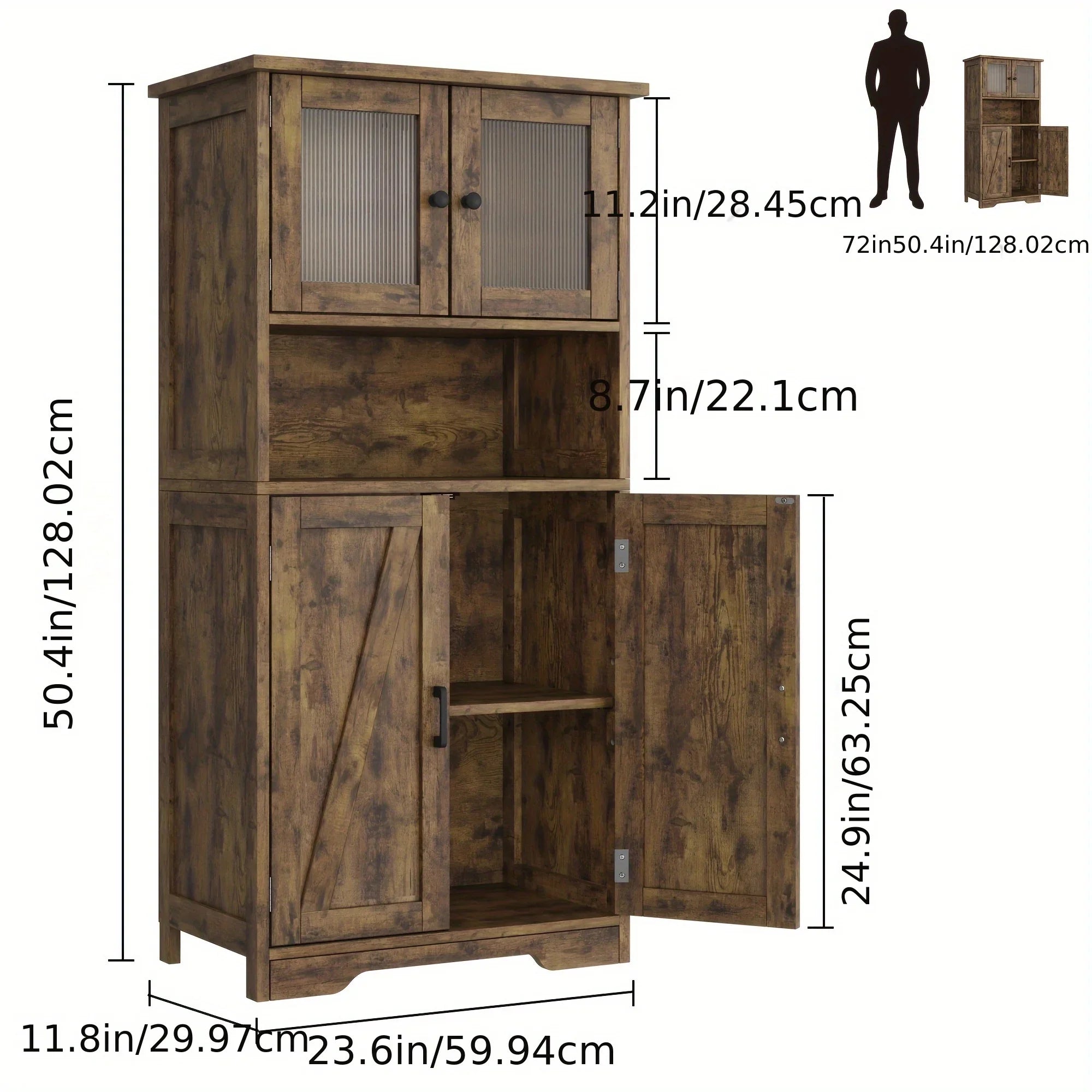 137.16cm Tall Bathroom Cabinet, Farmhouse Storage Cabinet With Glass Doors And Adjustable Shelves, Freestanding Kitchen Pantry Cabinets, Cupboard For Living Room, Dining Room House Of Avana