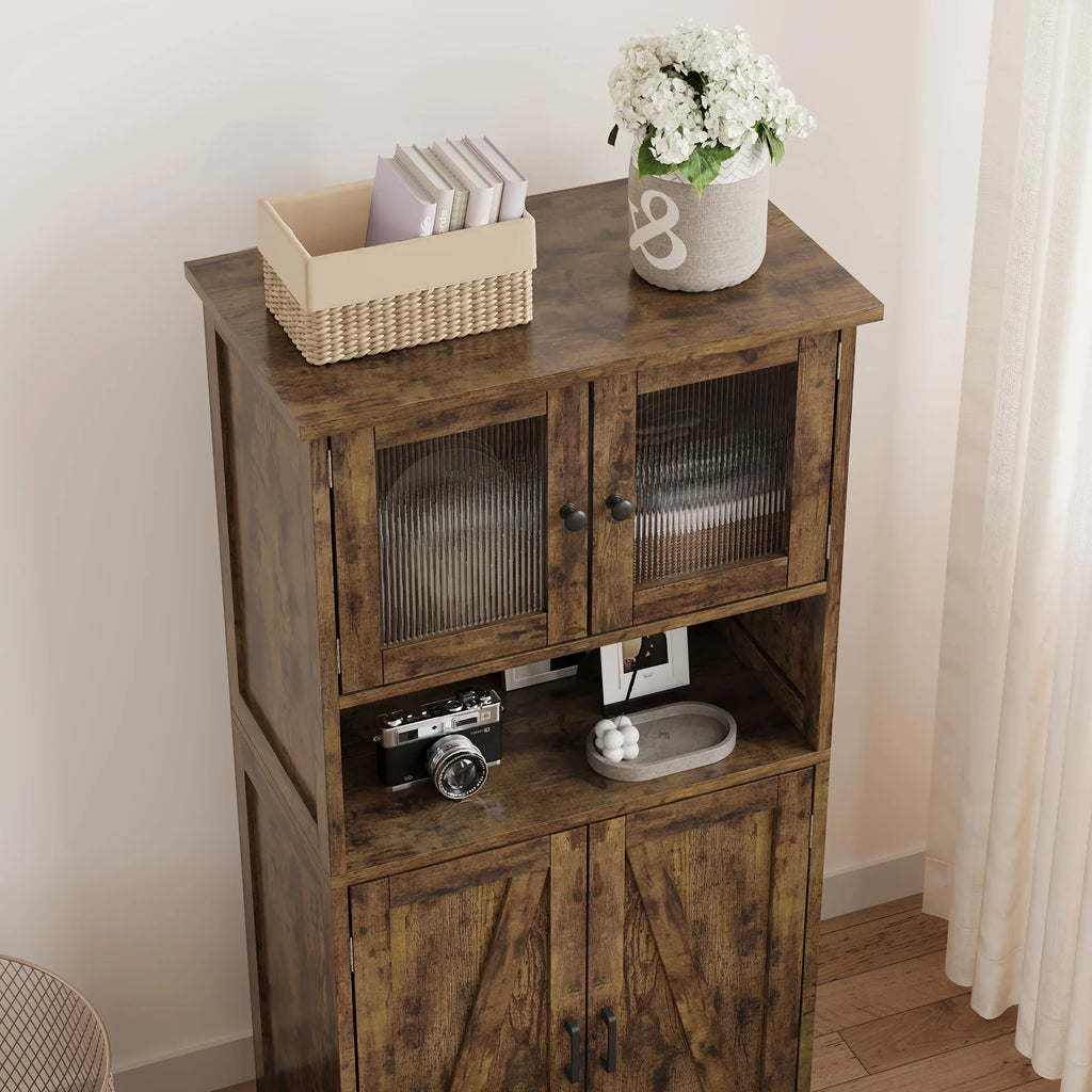 137.16cm Tall Bathroom Cabinet, Farmhouse Storage Cabinet With Glass Doors And Adjustable Shelves, Freestanding Kitchen Pantry Cabinets, Cupboard For Living Room, Dining Room House Of Avana