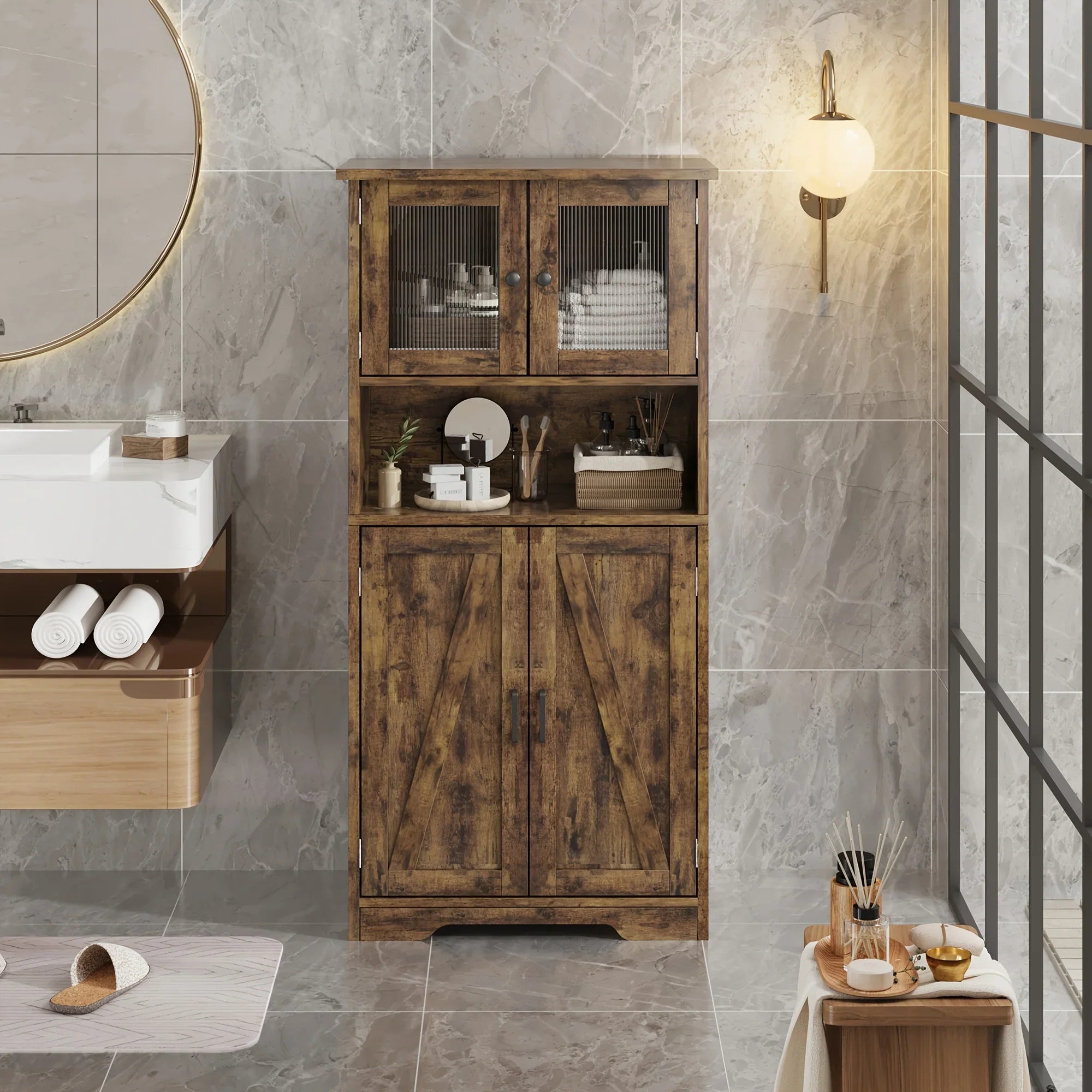 137.16cm Tall Bathroom Cabinet, Farmhouse Storage Cabinet With Glass Doors And Adjustable Shelves, Freestanding Kitchen Pantry Cabinets, Cupboard For Living Room, Dining Room House Of Avana