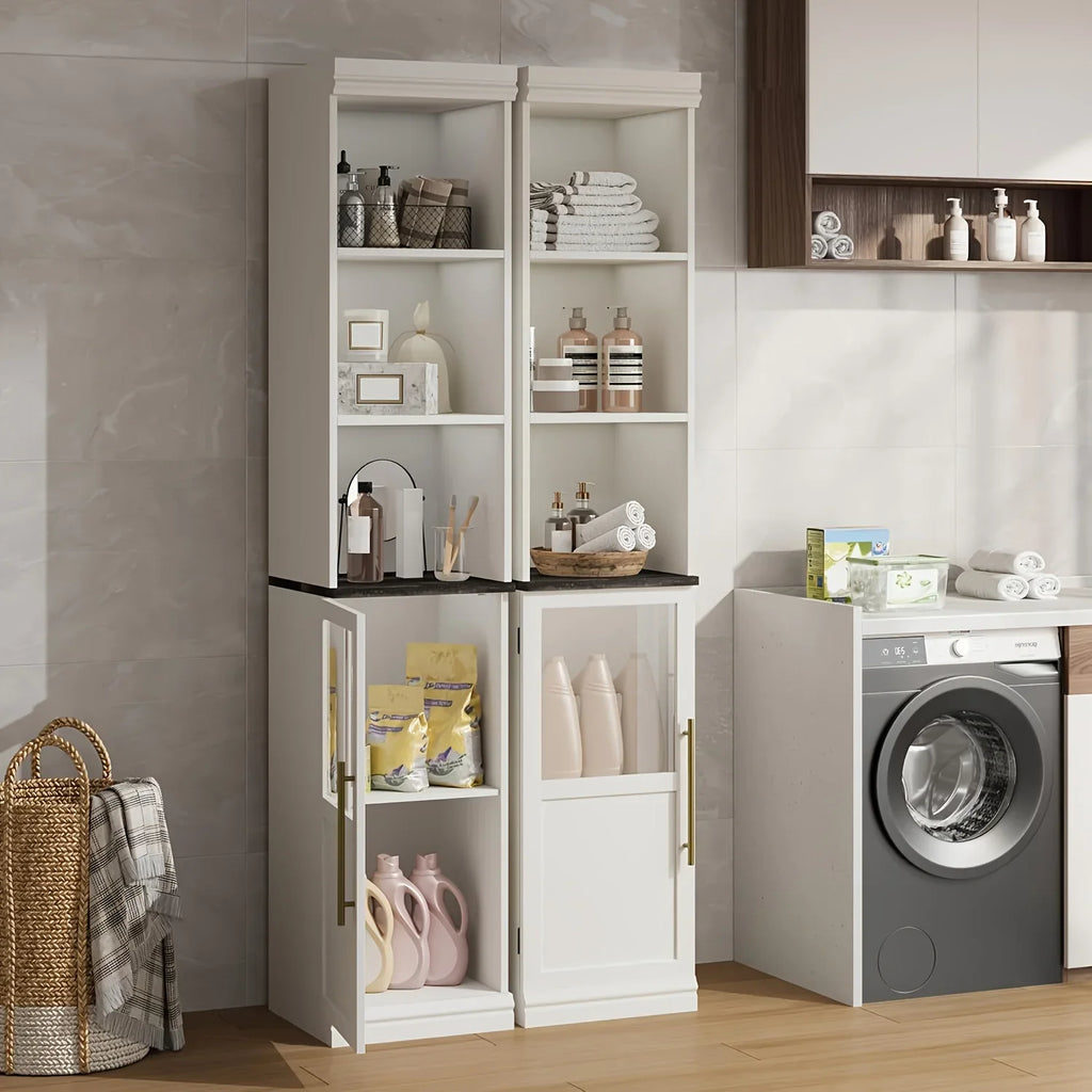 177.8cm Tall Narrow Bathroom Cabinet with Glass Door & Open Shelves - Freestanding Storage Organizer, Space-Saving Design for Small Spaces, Durable Wood & Particle Board Construction, Mixed Color Finish, 3, 2 Cu Ft Capacity, House Of Avana