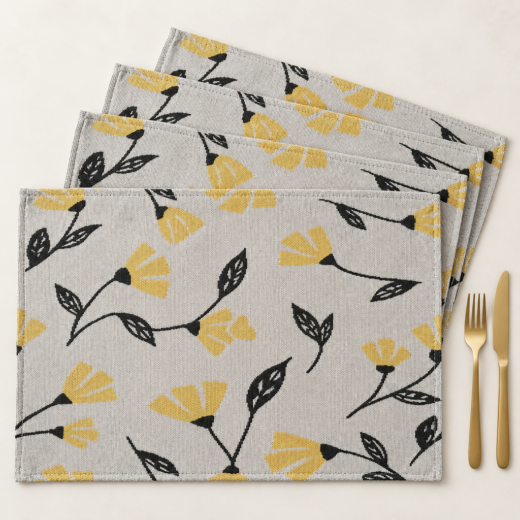 DaDa Bedding Set of 4-Pieces Sunshine Yellow Fleur Spring Tapestry Dining Table Placemats 13” x 19” (18112)