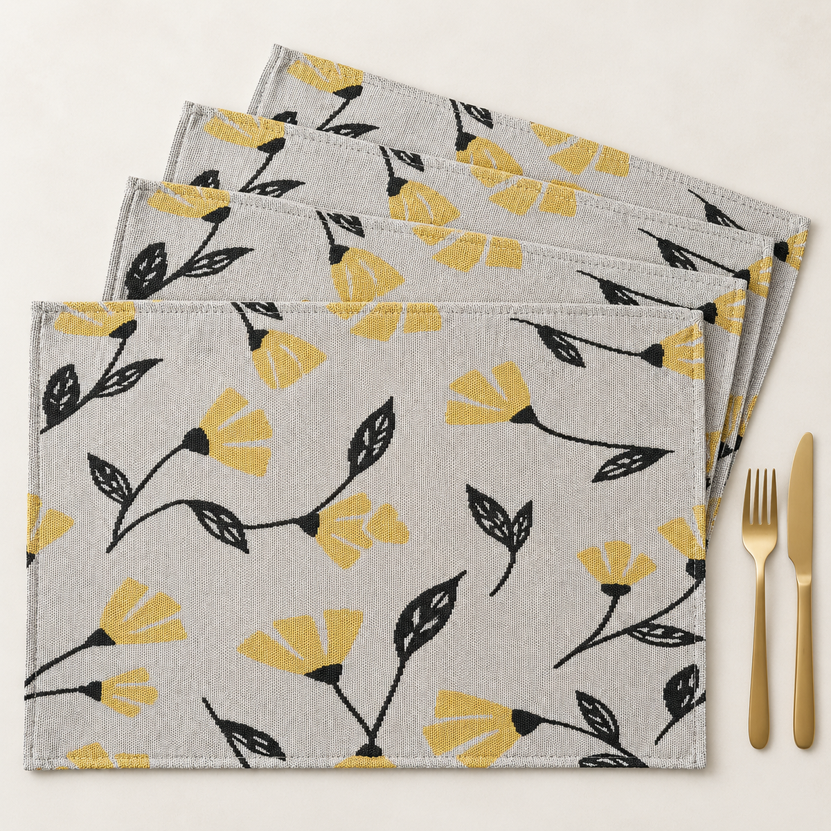 DaDa Bedding Set of 4-Pieces Sunshine Yellow Fleur Spring Tapestry Dining Table Placemats 13” x 19” (18112)