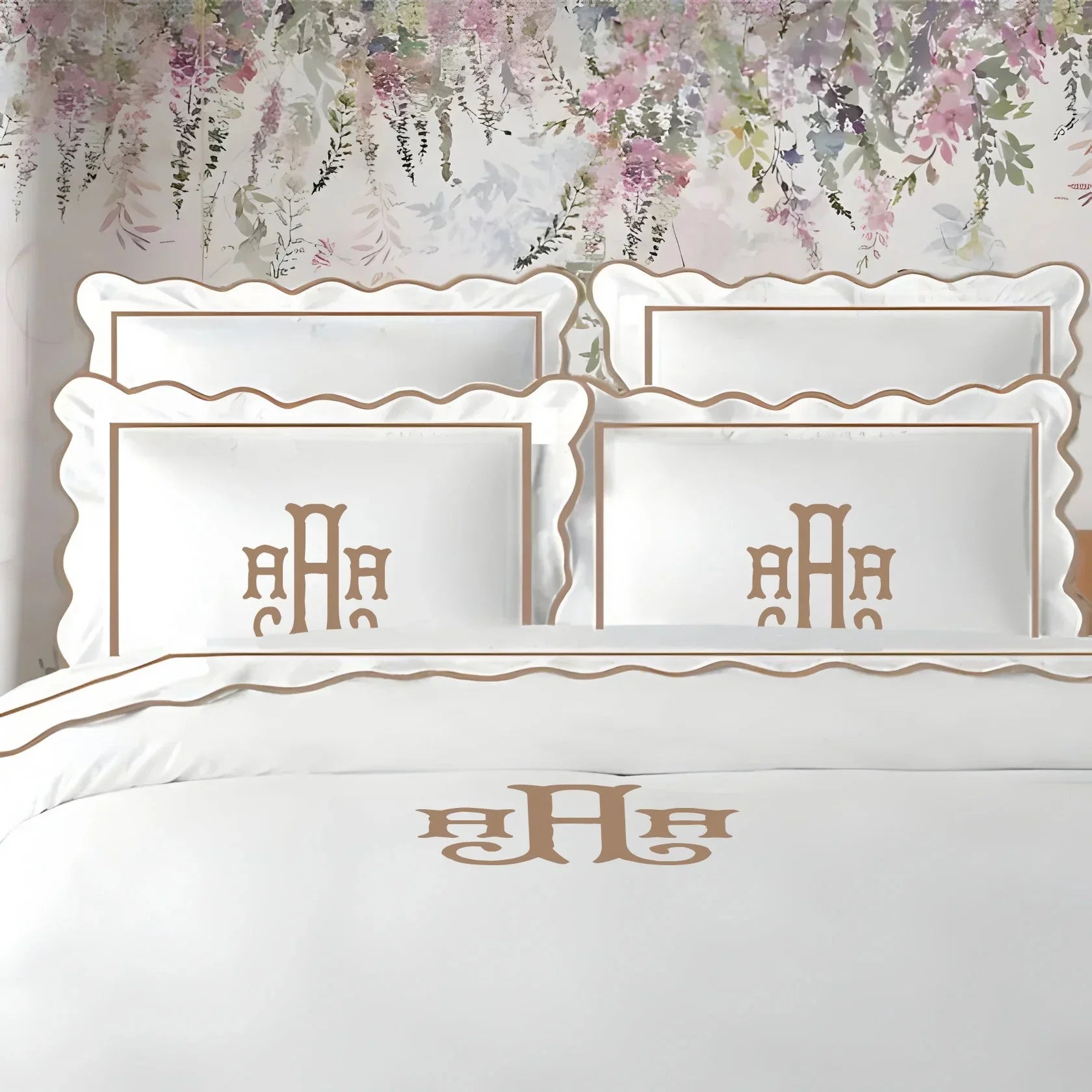Monogram 400TC Cotton Scallop Embroidery & Border Sateen Solid Duvet Cover Set PushpLinen