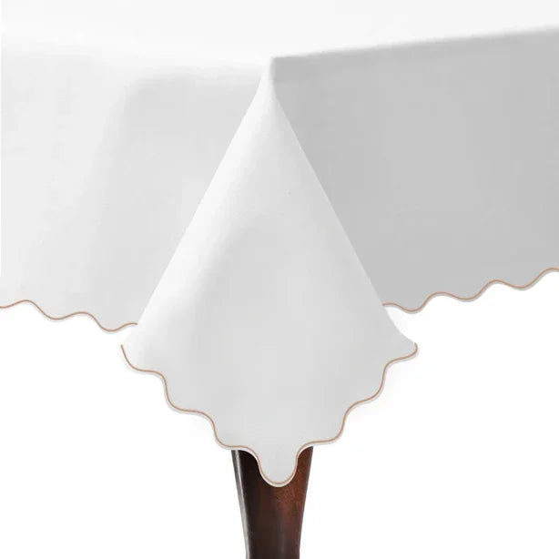 Scallop Embroidery Sateen Poly Cotton Solid Table Cloth PushpLinen