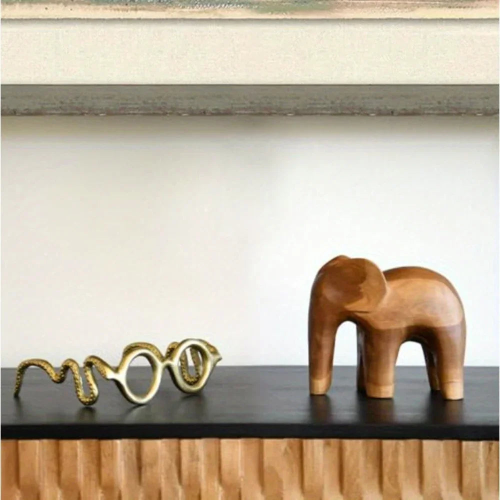 Brown teak elephant sculpture, hand-carved wooden figurine - House of Avana