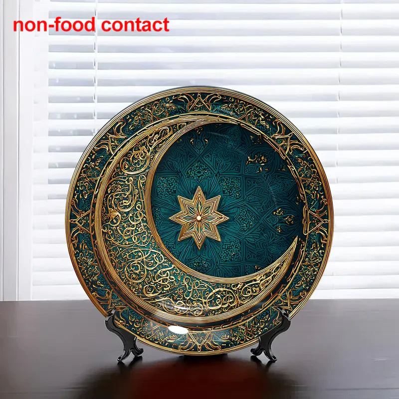 1pc 8-Inch Modern Teal and Golden Crescent Moon Wall Decor Plate, Vintage Islamic Style Home Decoration, Unique Jewelry Display Tray for Necklaces & Rings, Perfect Holiday Gift for Friends & Family, Round Ceramic Hanging Art House Of Avana