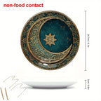 1pc 8-Inch Modern Teal and Golden Crescent Moon Wall Decor Plate, Vintage Islamic Style Home Decoration, Unique Jewelry Display Tray for Necklaces & Rings, Perfect Holiday Gift for Friends & Family, Round Ceramic Hanging Art House Of Avana