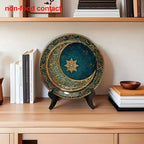 1pc 8-Inch Modern Teal and Golden Crescent Moon Wall Decor Plate, Vintage Islamic Style Home Decoration, Unique Jewelry Display Tray for Necklaces & Rings, Perfect Holiday Gift for Friends & Family, Round Ceramic Hanging Art House Of Avana