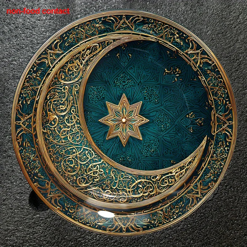 1pc 8-Inch Modern Teal and Golden Crescent Moon Wall Decor Plate, Vintage Islamic Style Home Decoration, Unique Jewelry Display Tray for Necklaces & Rings, Perfect Holiday Gift for Friends & Family, Round Ceramic Hanging Art House Of Avana