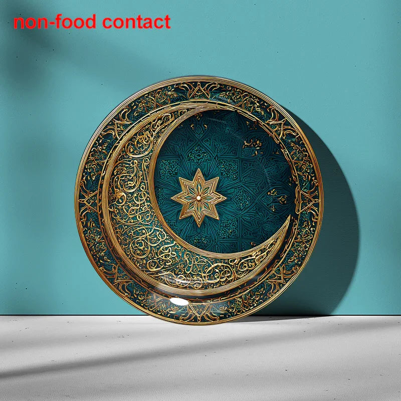 1pc 8-Inch Modern Teal and Golden Crescent Moon Wall Decor Plate, Vintage Islamic Style Home Decoration, Unique Jewelry Display Tray for Necklaces & Rings, Perfect Holiday Gift for Friends & Family, Round Ceramic Hanging Art House Of Avana