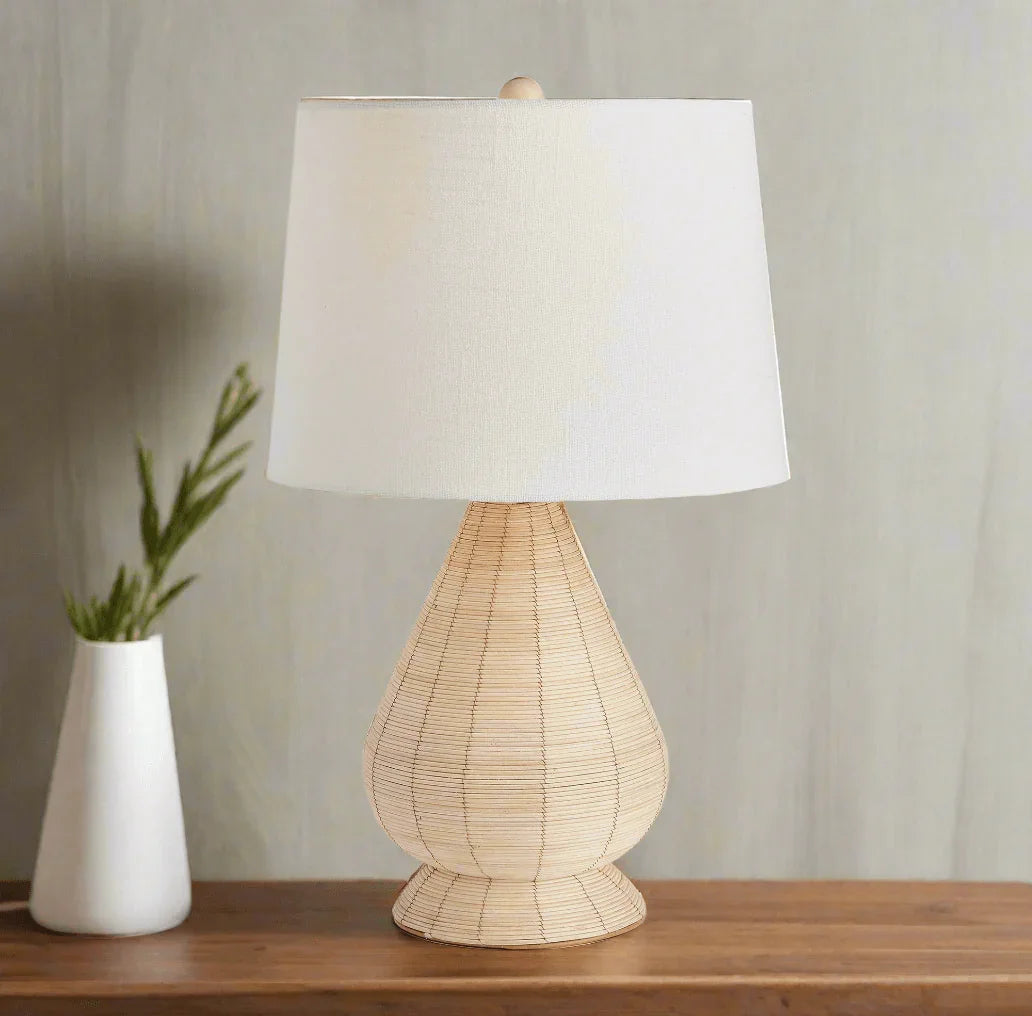Teardrop Rattan Table Lamp with White Linen Shade Vintage Shopper