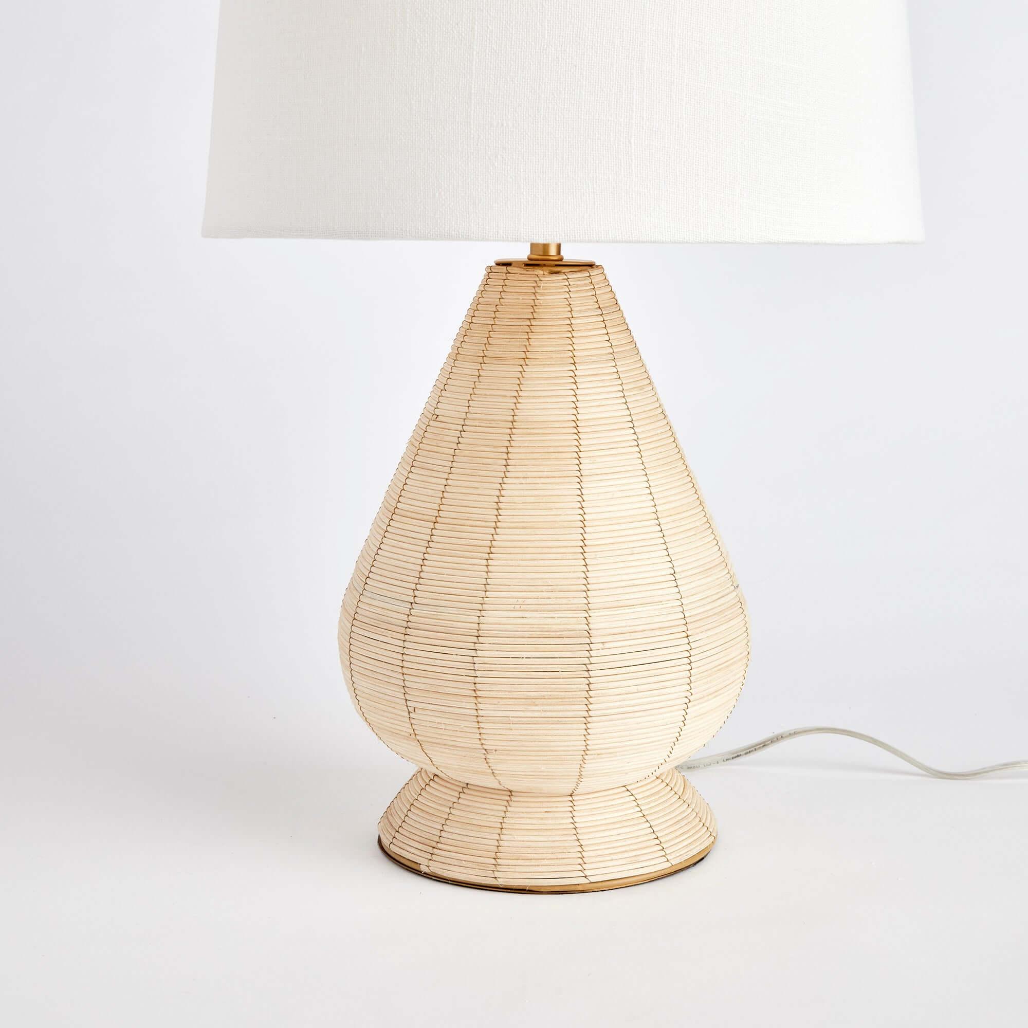 Teardrop Rattan Table Lamp with White Linen Shade Vintage Shopper