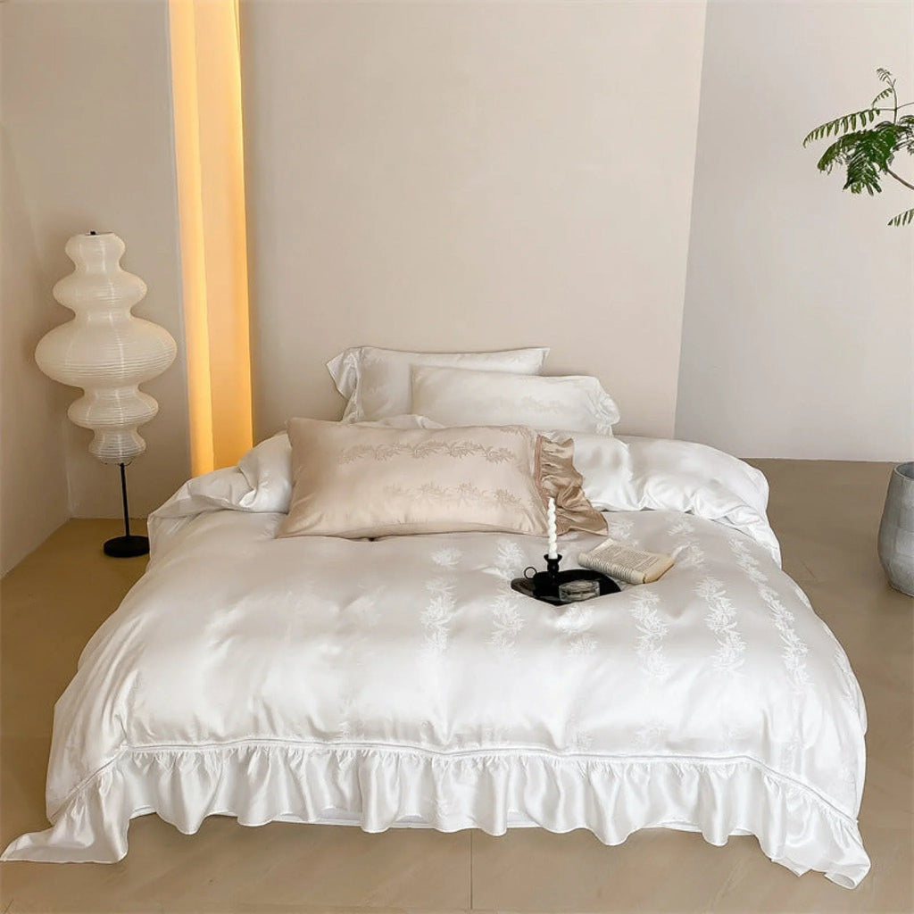 Tencel Silky Floral Ruffle Bedding Set / Snow White Ever Lasting