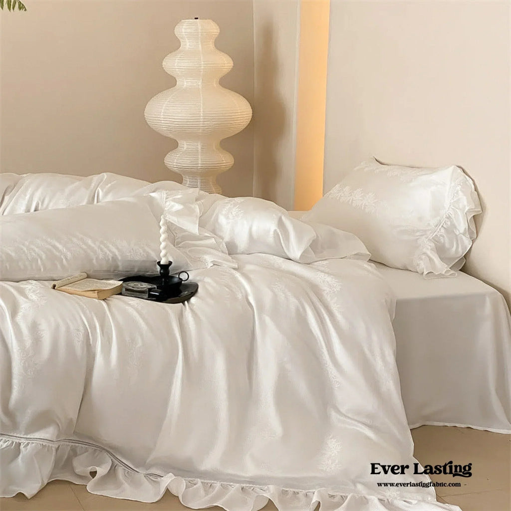 Tencel Silky Floral Ruffle Bedding Set / Snow White Ever Lasting