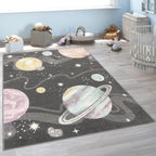 Kids Rug Nino Space with pastel colored Planets Stars in Anthracite RugYourHome