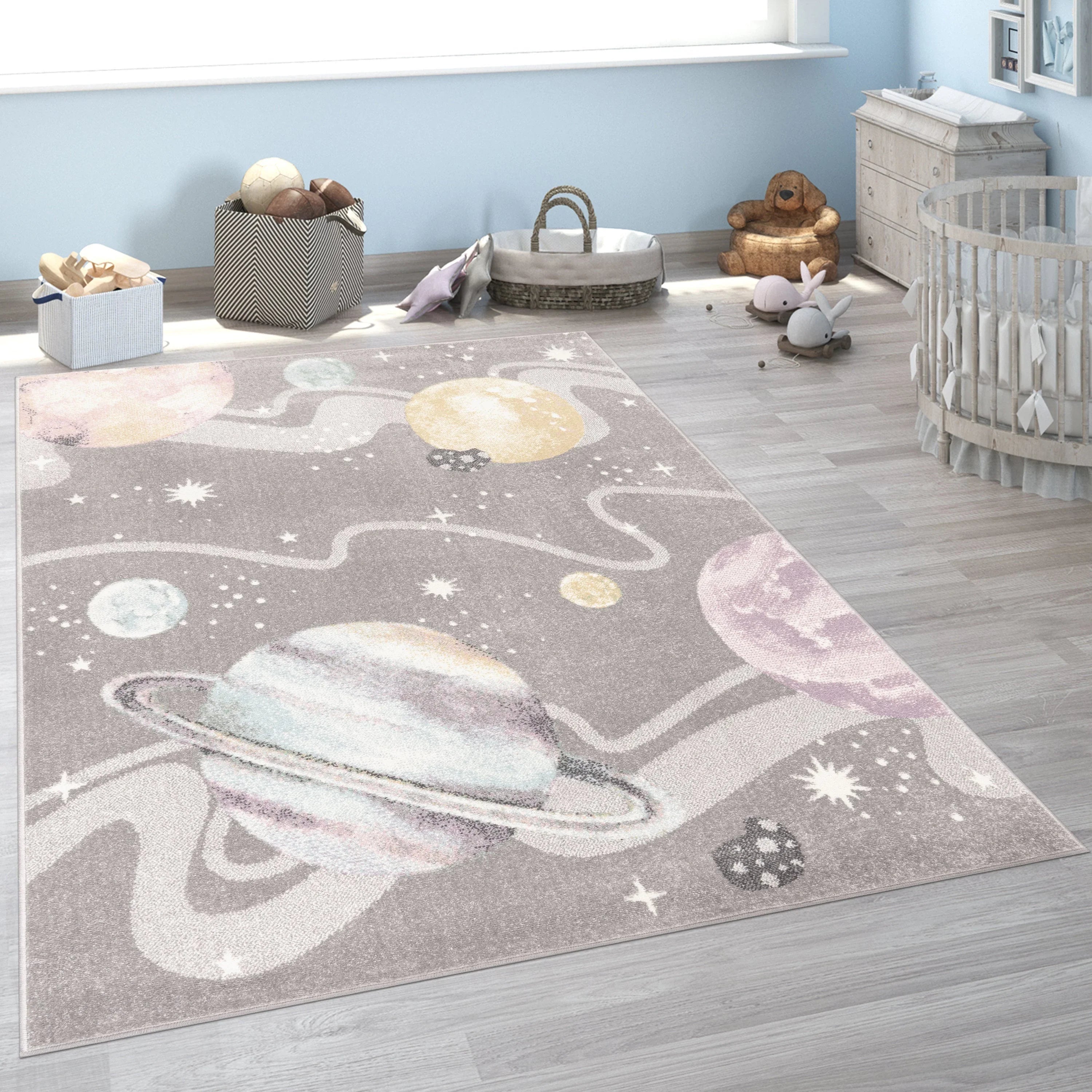 Kids Rug Nino Space with pastel colored Planets and Stars in Grey RugYourHome