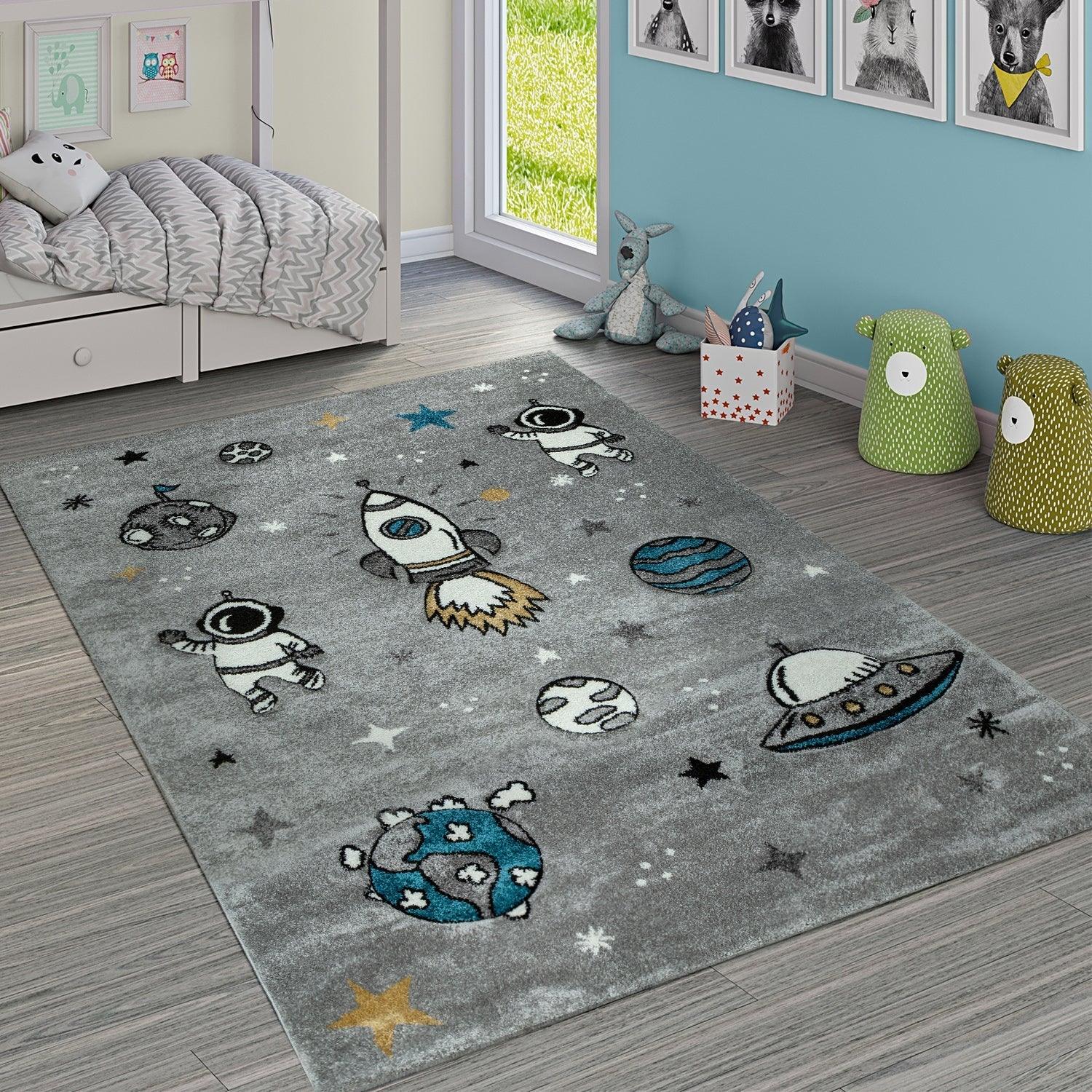 Space Rug for Kids with Astronauts & Rockets in Grey RugYourHome