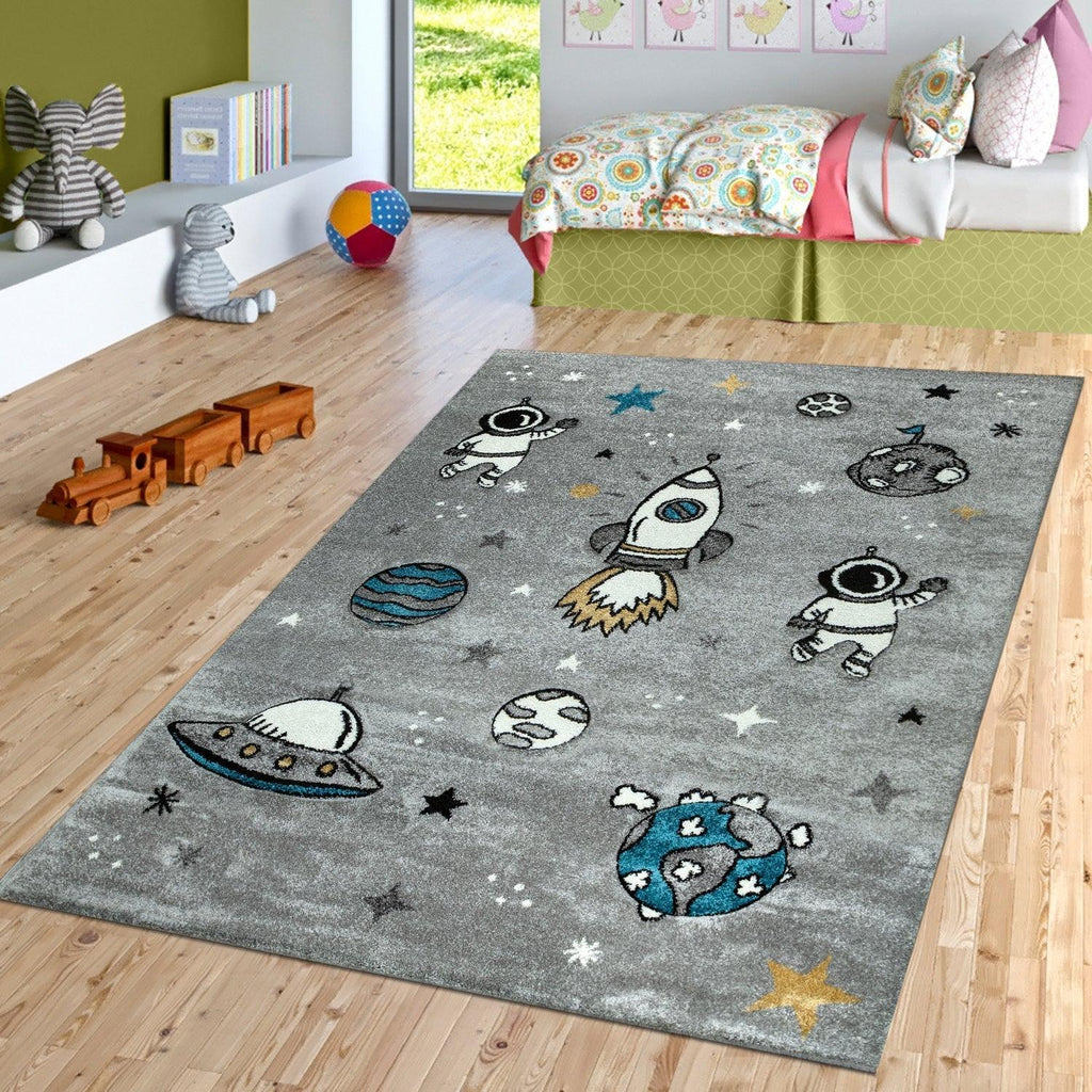 Space Rug for Kids with Astronauts & Rockets in Grey RugYourHome