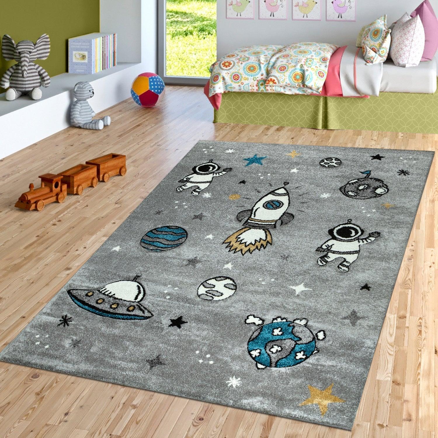 Space Rug for Kids with Astronauts & Rockets in Grey RugYourHome