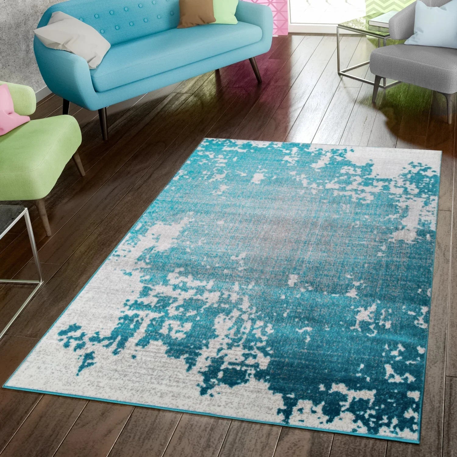 Abstract Area Rug Splash with Used Look in Turquiose Cream RugYourHome